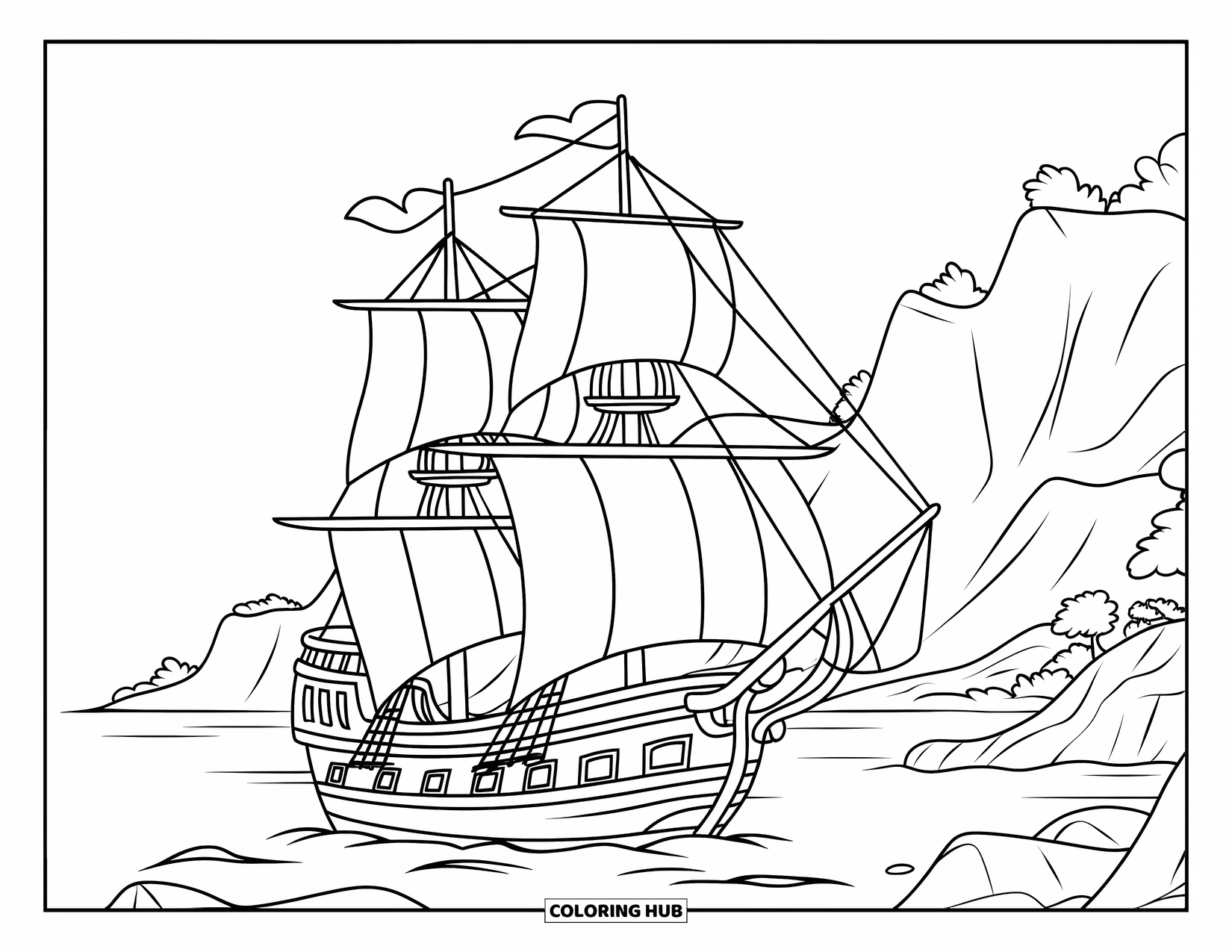 Desen de colorat cu mijloace de transport pentru copii: Navă ancorată lângă o coastă stâncoasă cu verdeață și vârfuri de munte