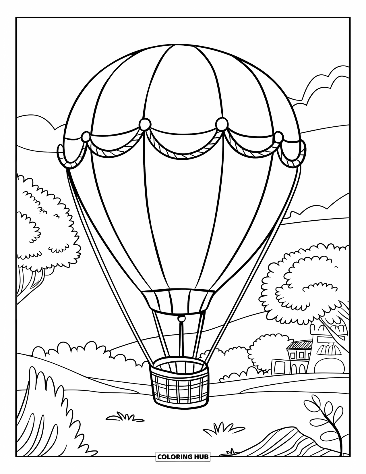 Desen de colorat cu mijloace de transport pentru copii: Balon legat de pământ lângă dealuri ondulate și o clădire