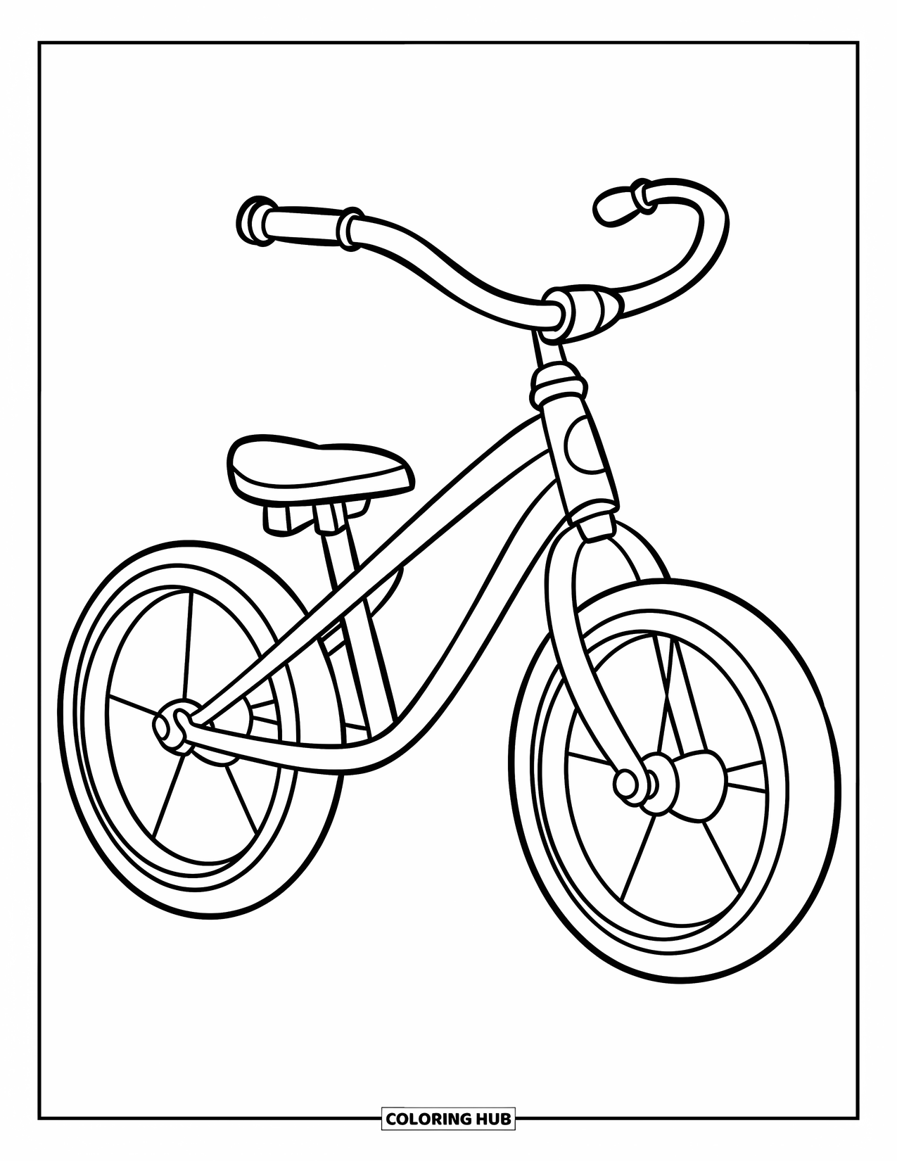 Desen de colorat cu mijloace de transport pentru copii: Bicicletă de bază cu roți mari și un stil vesel