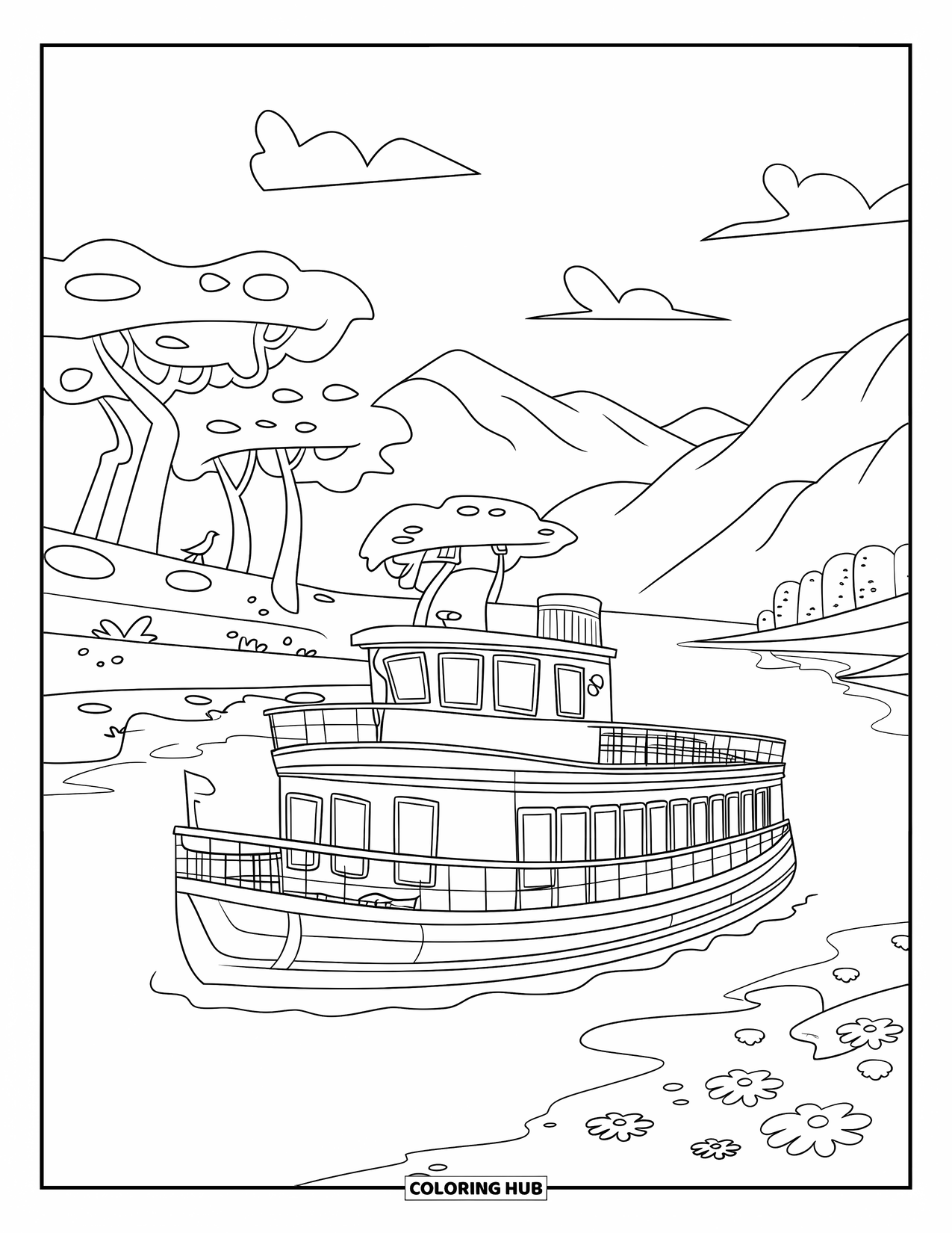Desen de colorat cu mijloace de transport pentru copii: Barcă plutind pe apă cu copaci, păsări și munți în spate