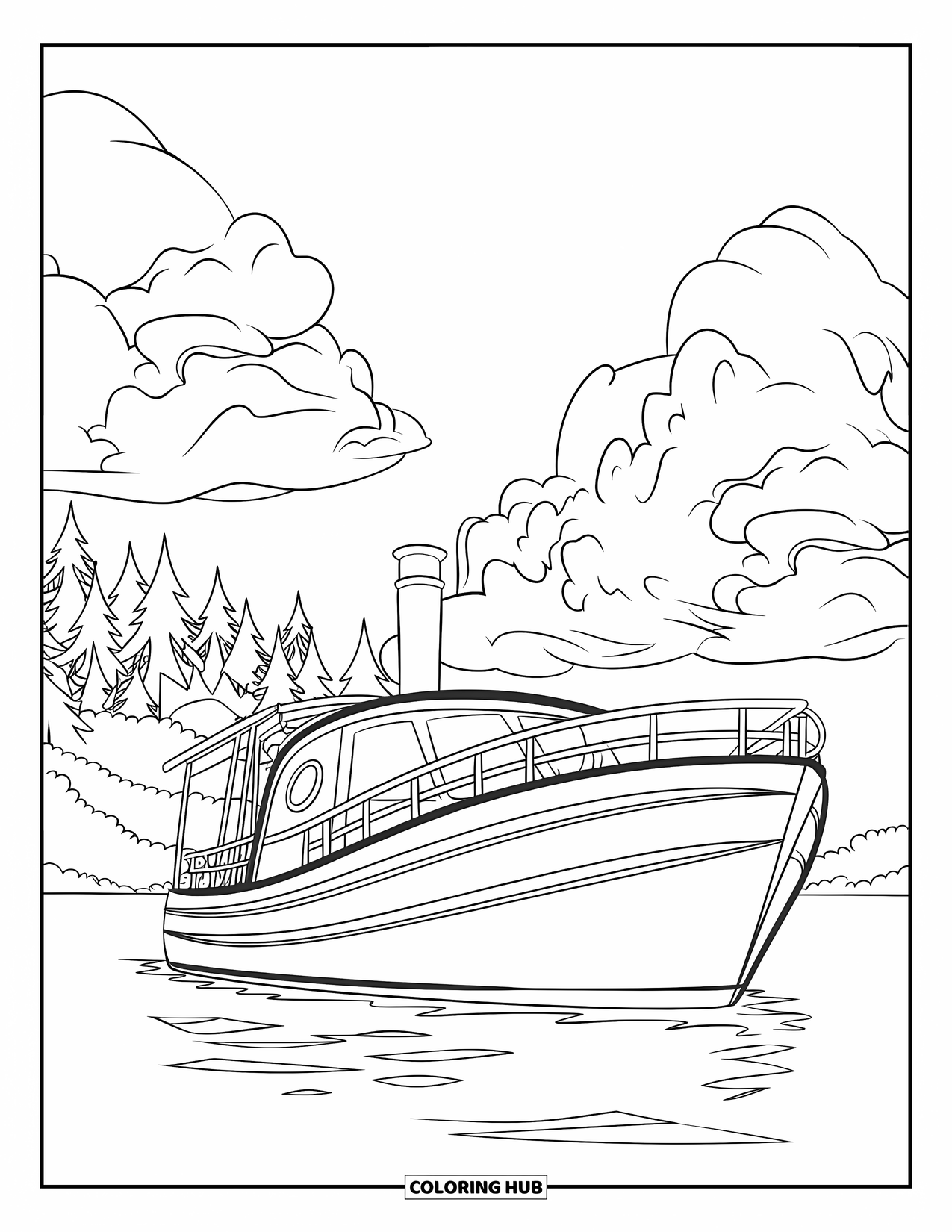 Desen de colorat cu mijloace de transport pentru copii: Barcă pe apă calmă cu nori pufoși și copaci înalți în spate