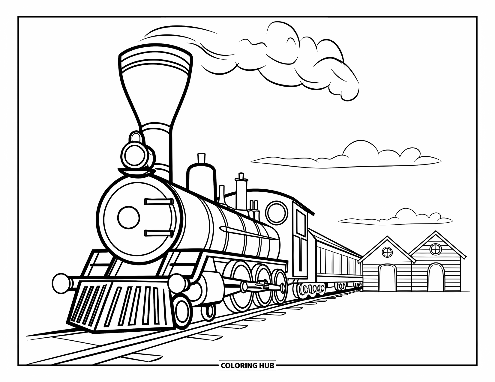 Desen de colorat cu mijloace de transport pentru copii: Locomotivă de tren îndrăzneață parcată lângă o gară cu nori pufoși deasupra