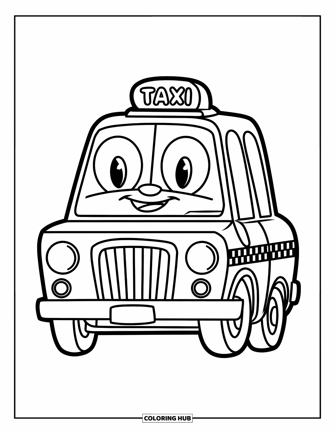 Desen de colorat cu mijloace de transport pentru copii: Taxi pătrățos cu un semn deasupra și faruri rotunde prietenoase