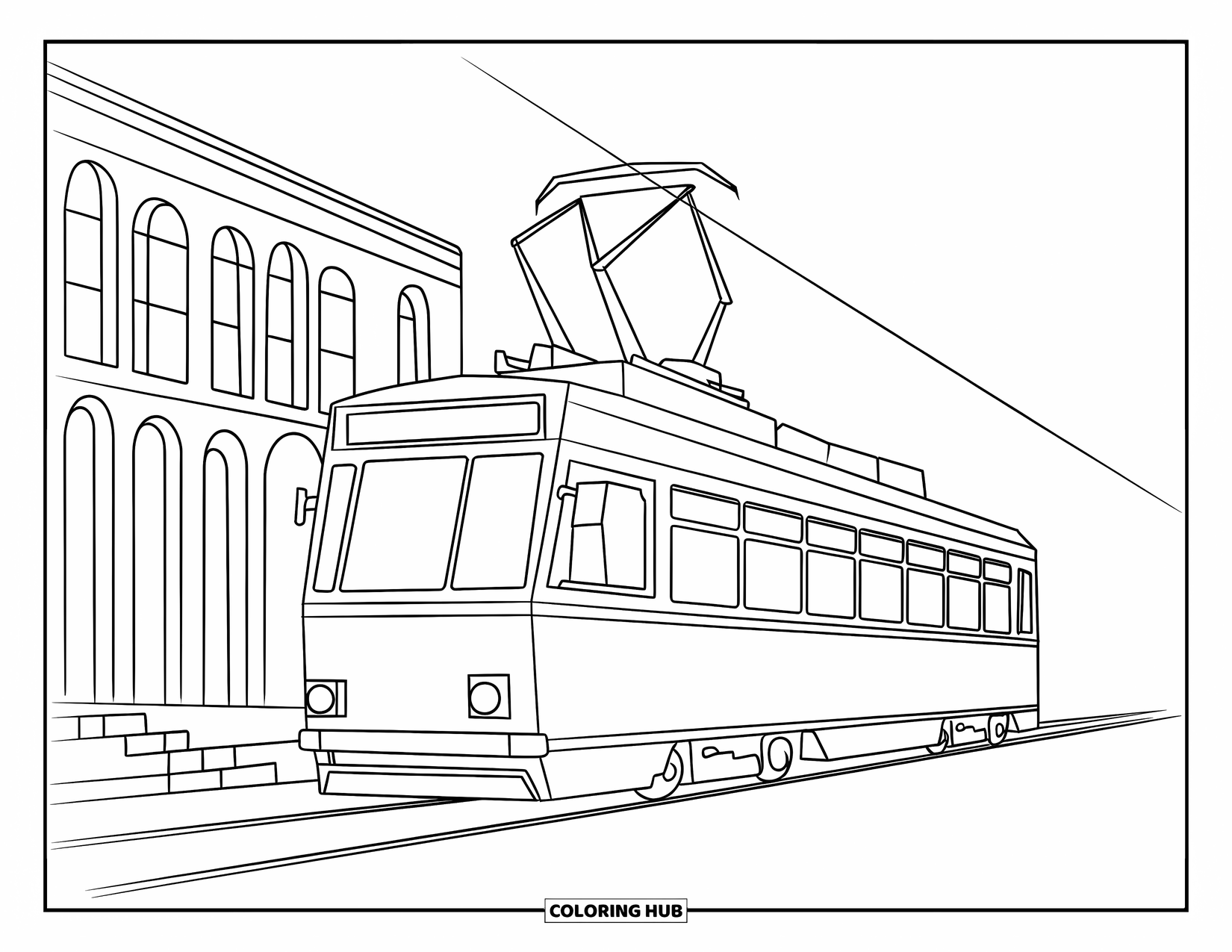 Desen de colorat cu mijloace de transport pentru copii: Tramvai pătrățos care se deplasează de-a lungul șinelor cu clădiri în spate