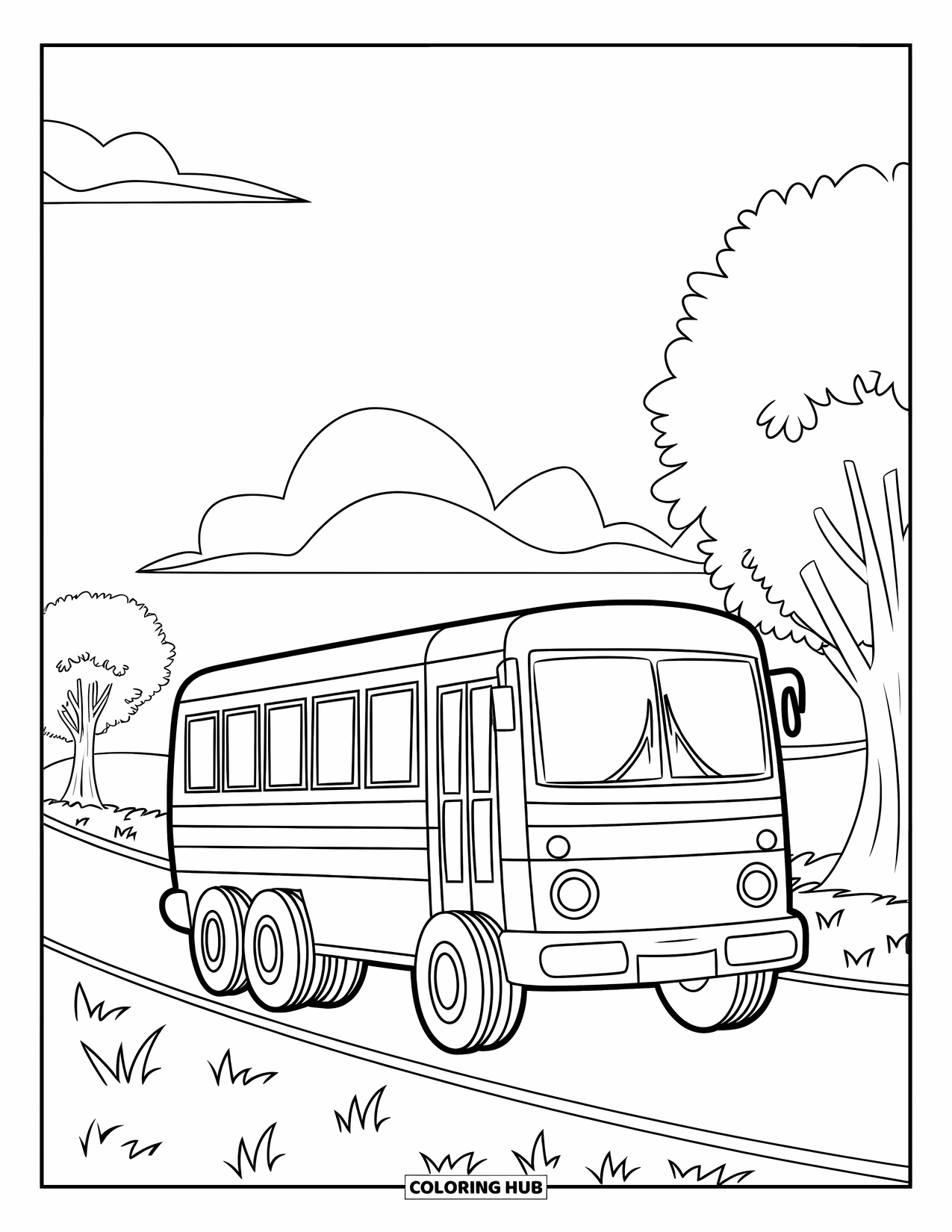 Desen de colorat cu mijloace de transport pentru copii: Autobuz pe un drum înconjurat de iarbă și nori pufoși
