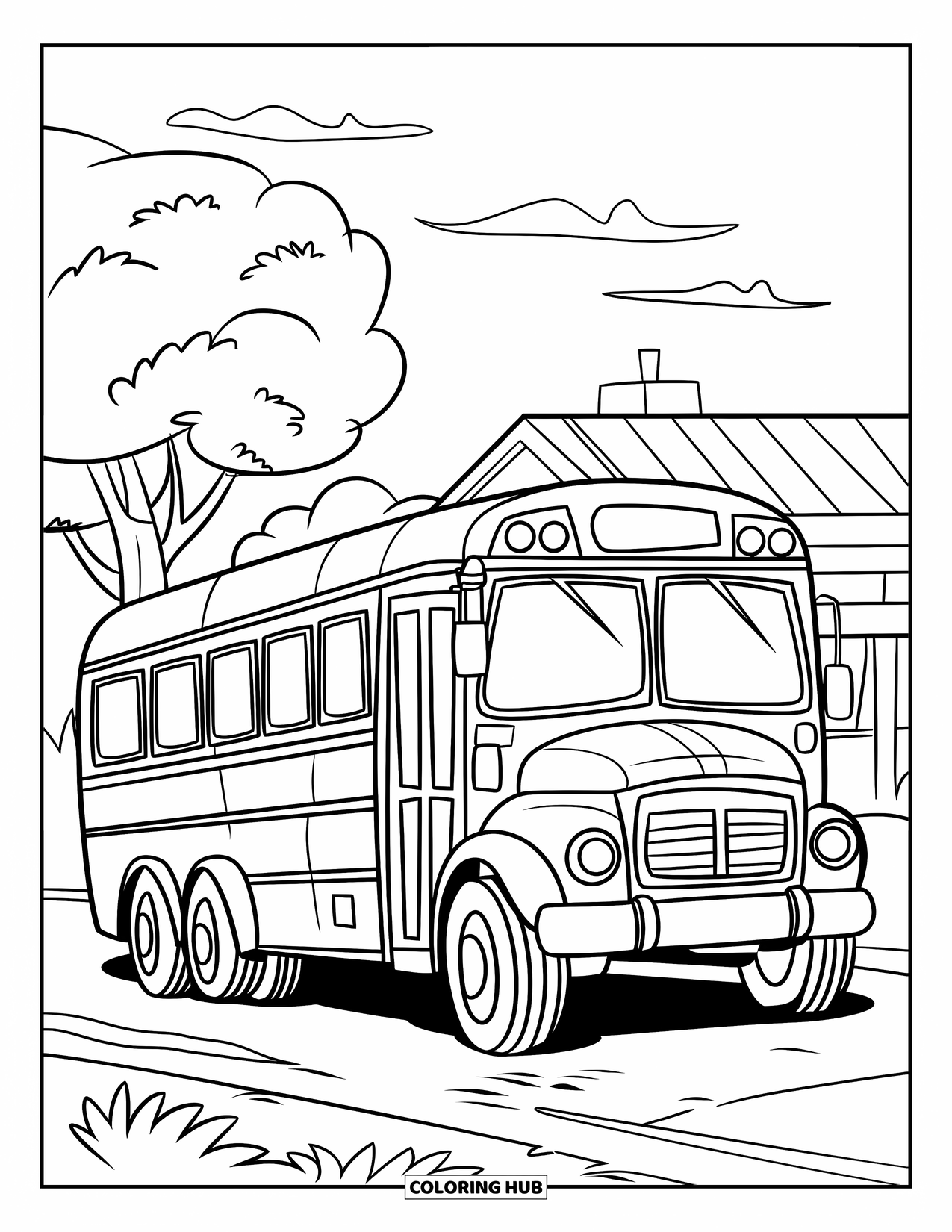 Desen de colorat cu mijloace de transport pentru copii: Autobuz odihnindu-se lângă un copac și case mici cu cer înnorat
