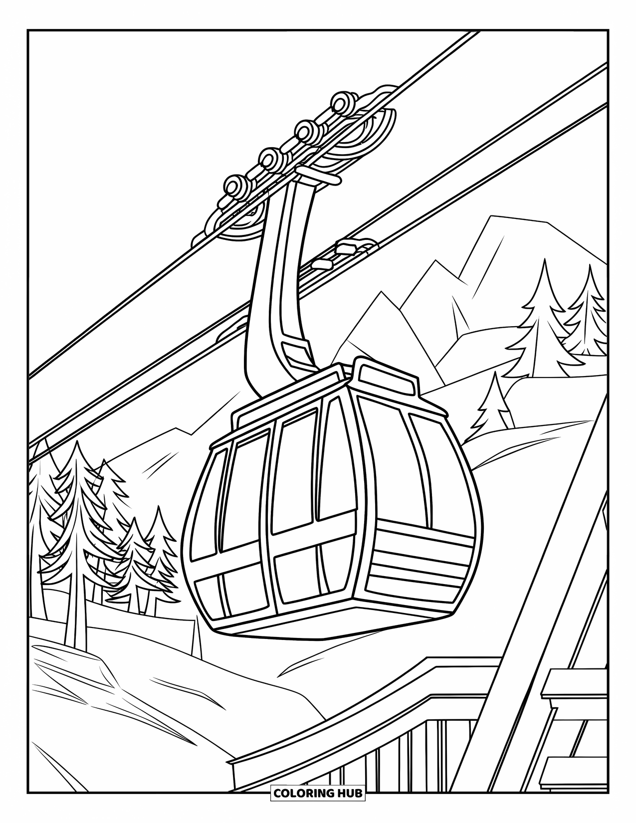 Desen de colorat cu mijloace de transport pentru copii: Telecabină care urcă cu copaci, pod și peisaj montan
