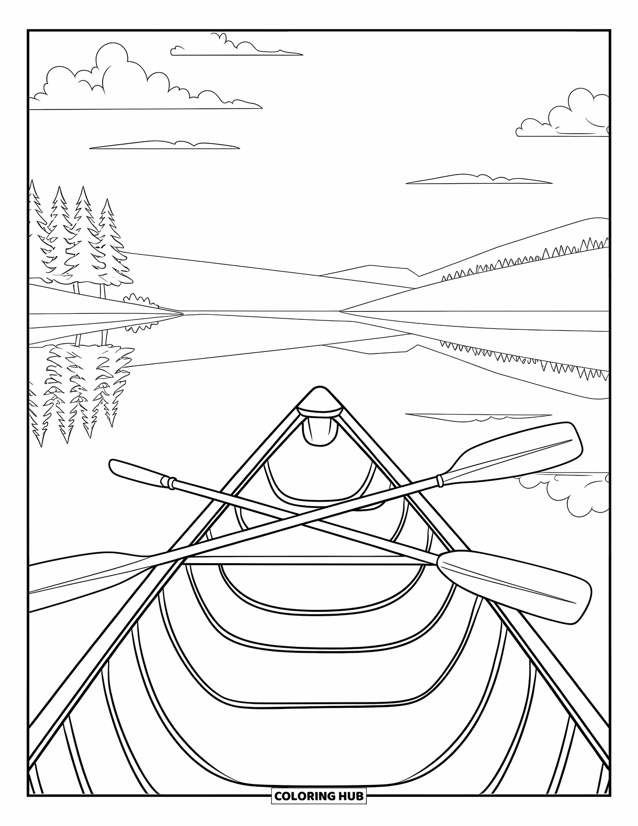 Desen de colorat cu mijloace de transport pentru copii: Canoe plutind pe un lac între copaci și nori pufoși