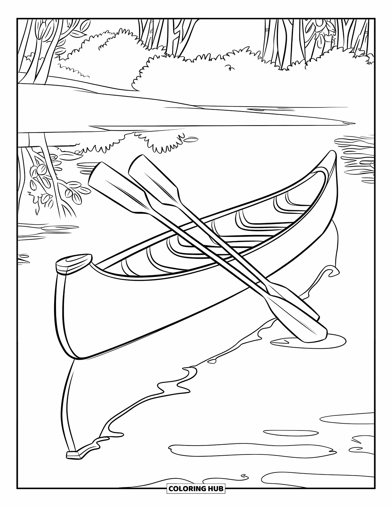 Desen de colorat cu mijloace de transport pentru copii: Canoe plutind pașnic pe apă cu copaci reflectați în jurul ei