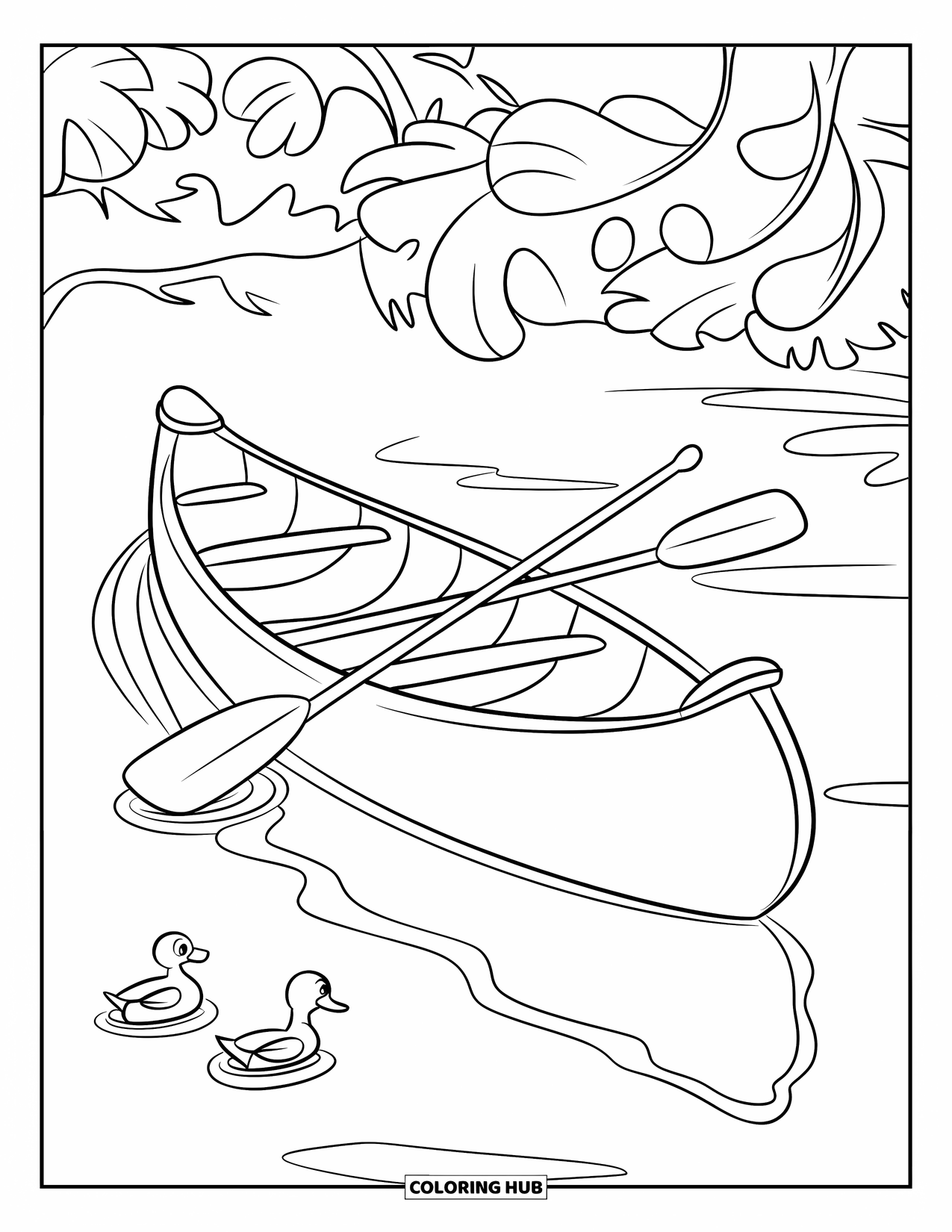 Desen de colorat cu mijloace de transport pentru copii: Canoe pe apă calmă cu rațe care înoată în apropiere și copaci cu frunze
