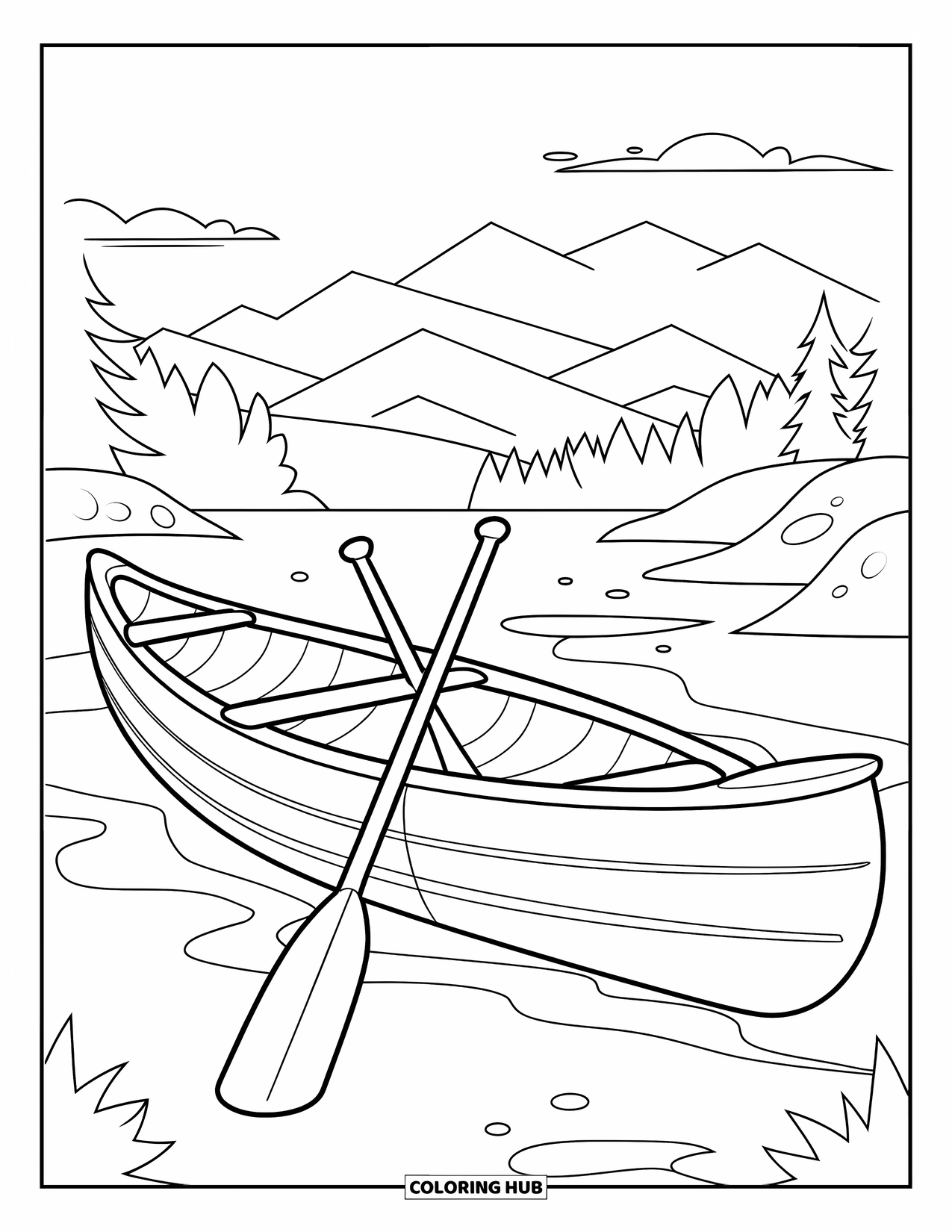Desen de colorat cu mijloace de transport pentru copii: Canoe cu vâsle sprijinite lângă copaci, munți și un cer înnorat