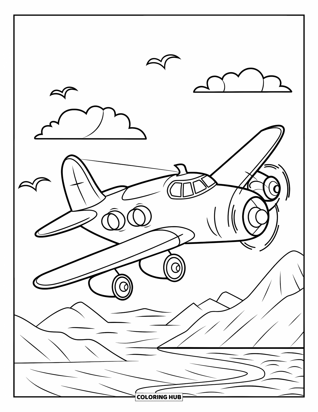 Desen de colorat cu mijloace de transport pentru copii: Avion cargo care zboară deasupra munților, a apei și a norilor împrăștiați
