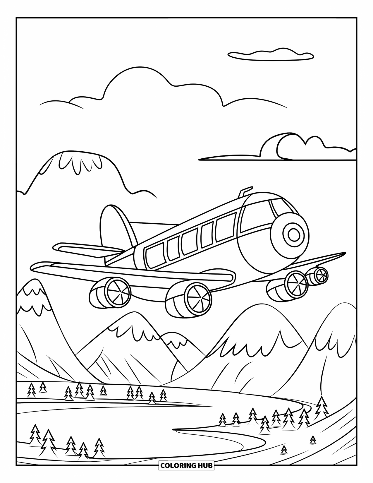 Desen de colorat cu mijloace de transport pentru copii: Avion cargo care zboară deasupra copacilor, a apei și a munților îndepărtați