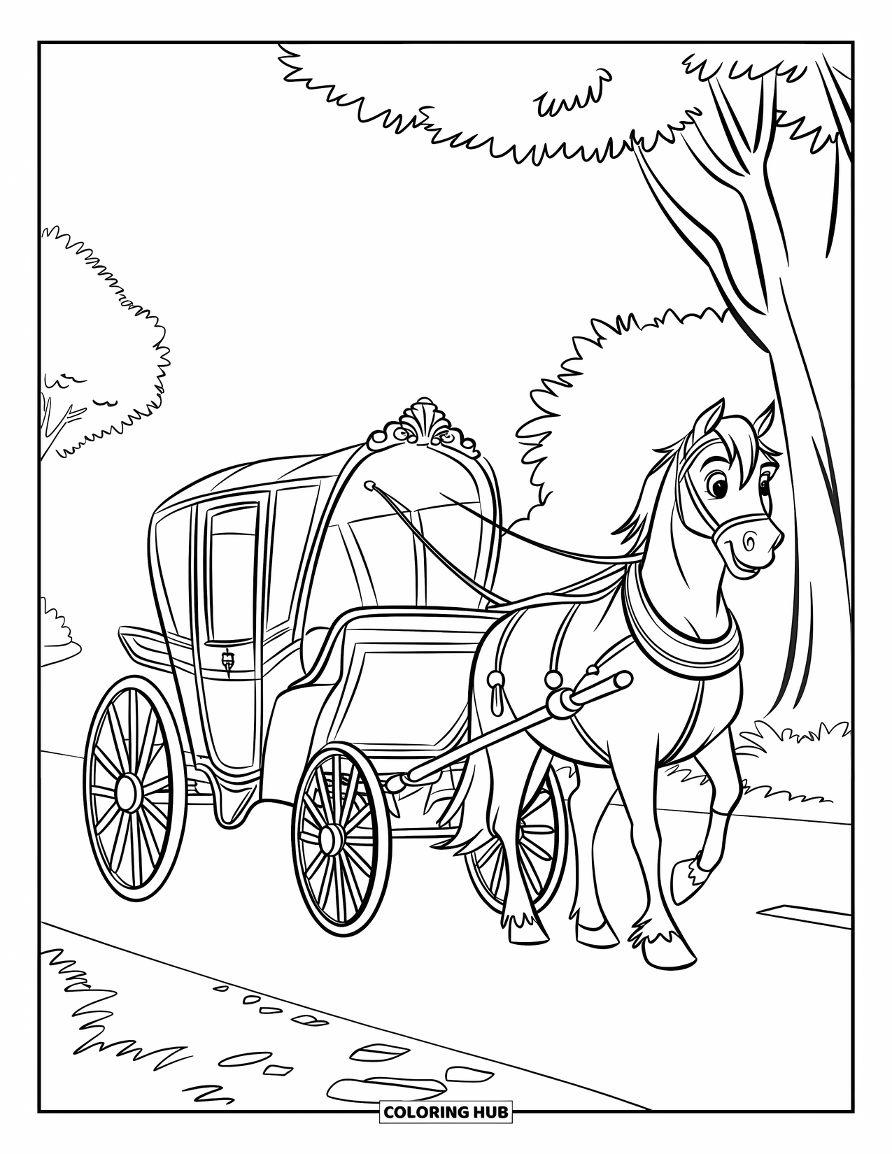 Desen de colorat cu mijloace de transport pentru copii: Caleașcă trasă de un cal cu copaci și un drum liniștit în spate