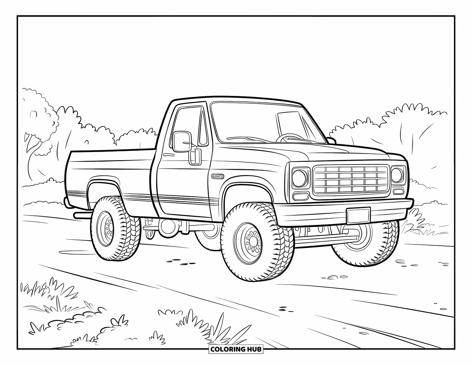Desen de colorat cu mijloace de transport pentru copii: Camionetă veselă parcată pe un drum de pământ cu copaci în apropiere