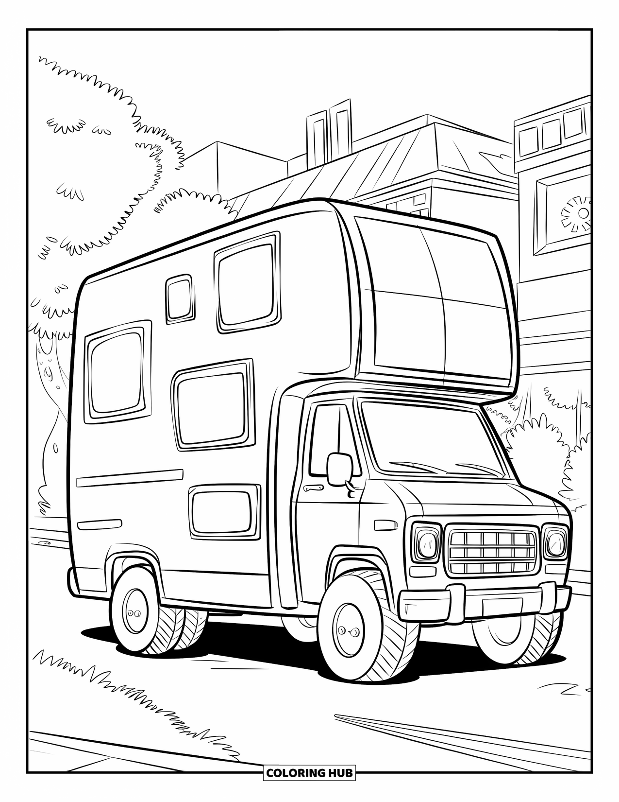 Desen de colorat cu mijloace de transport pentru copii: Furgonetă înaltă veselă parcată lângă copaci și o clădire