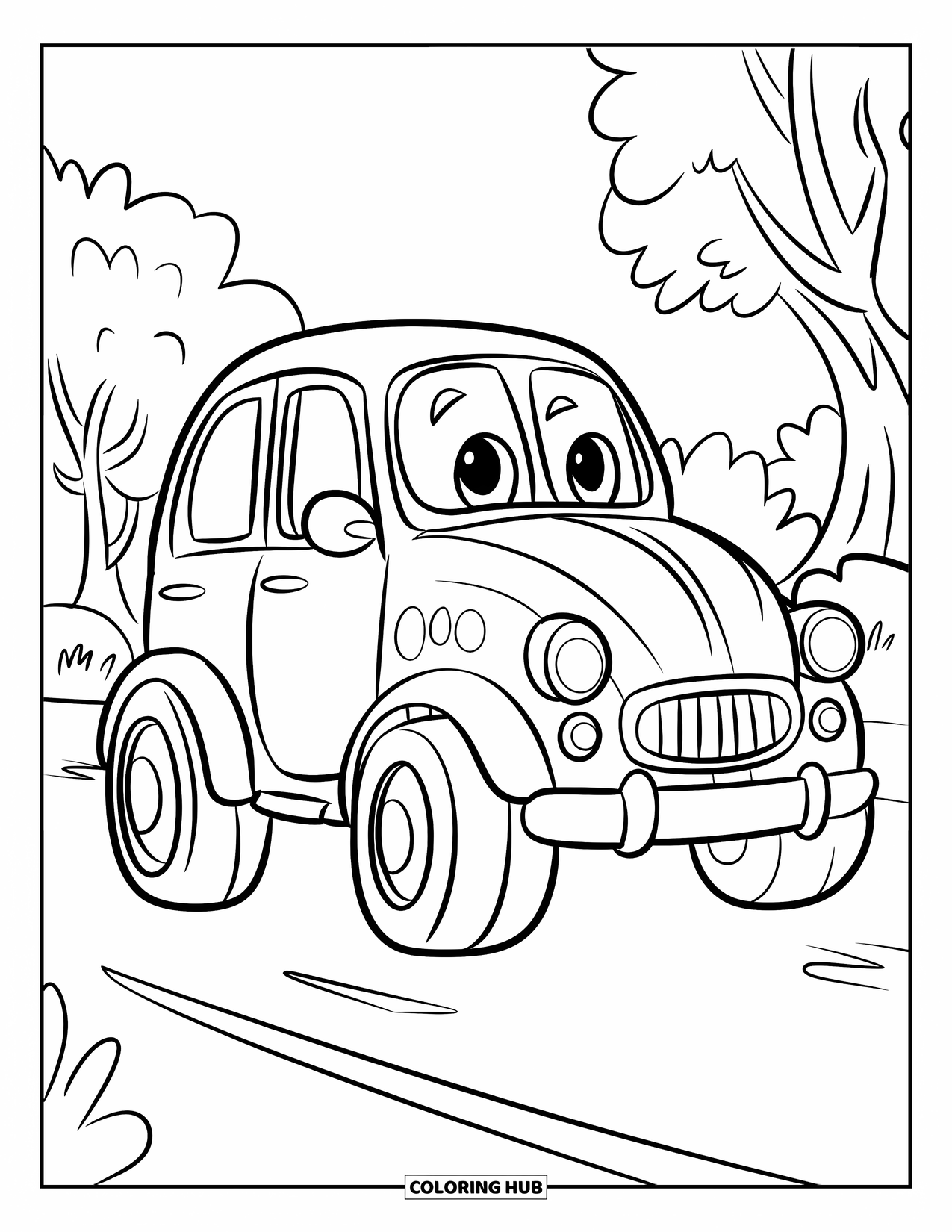 Desen de colorat cu mijloace de transport pentru copii: Mașină robustă parcată pe un drum cu câțiva copaci în apropiere