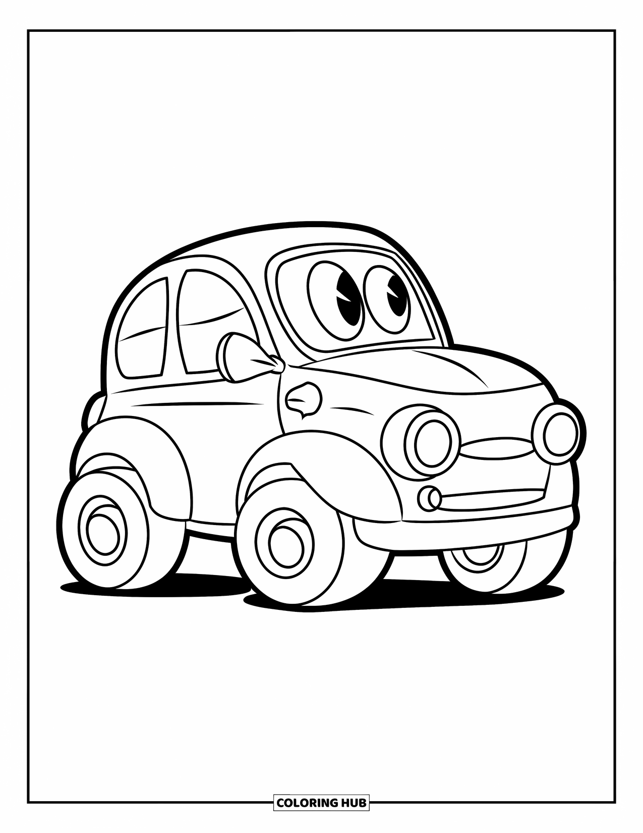 Desen de colorat cu mijloace de transport pentru copii: Mașină robustă cu roți mari și ferestre rotunde pe un fundal curat