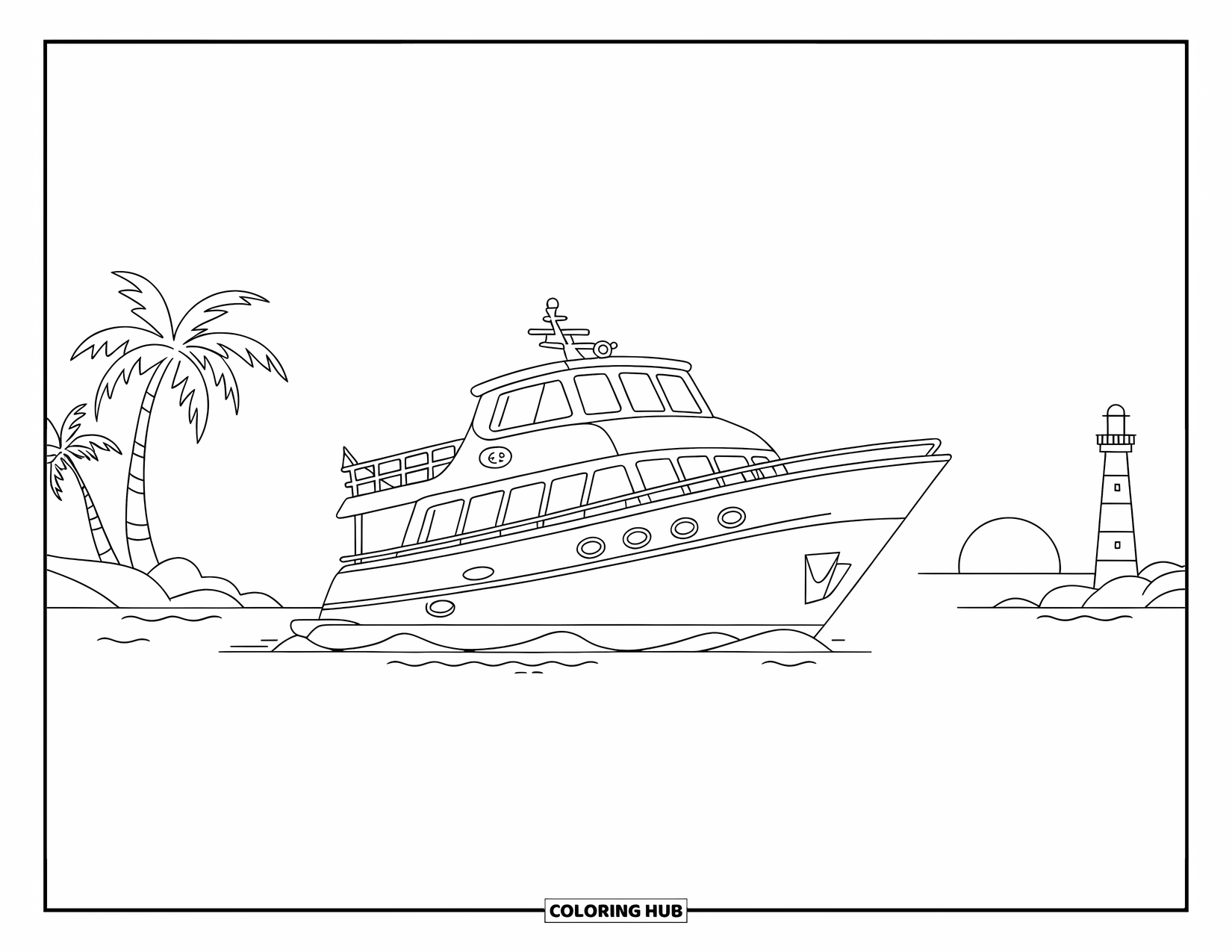 Desen de colorat cu mijloace de transport pentru copii: Iaht curbat lângă palmieri și un far la apus