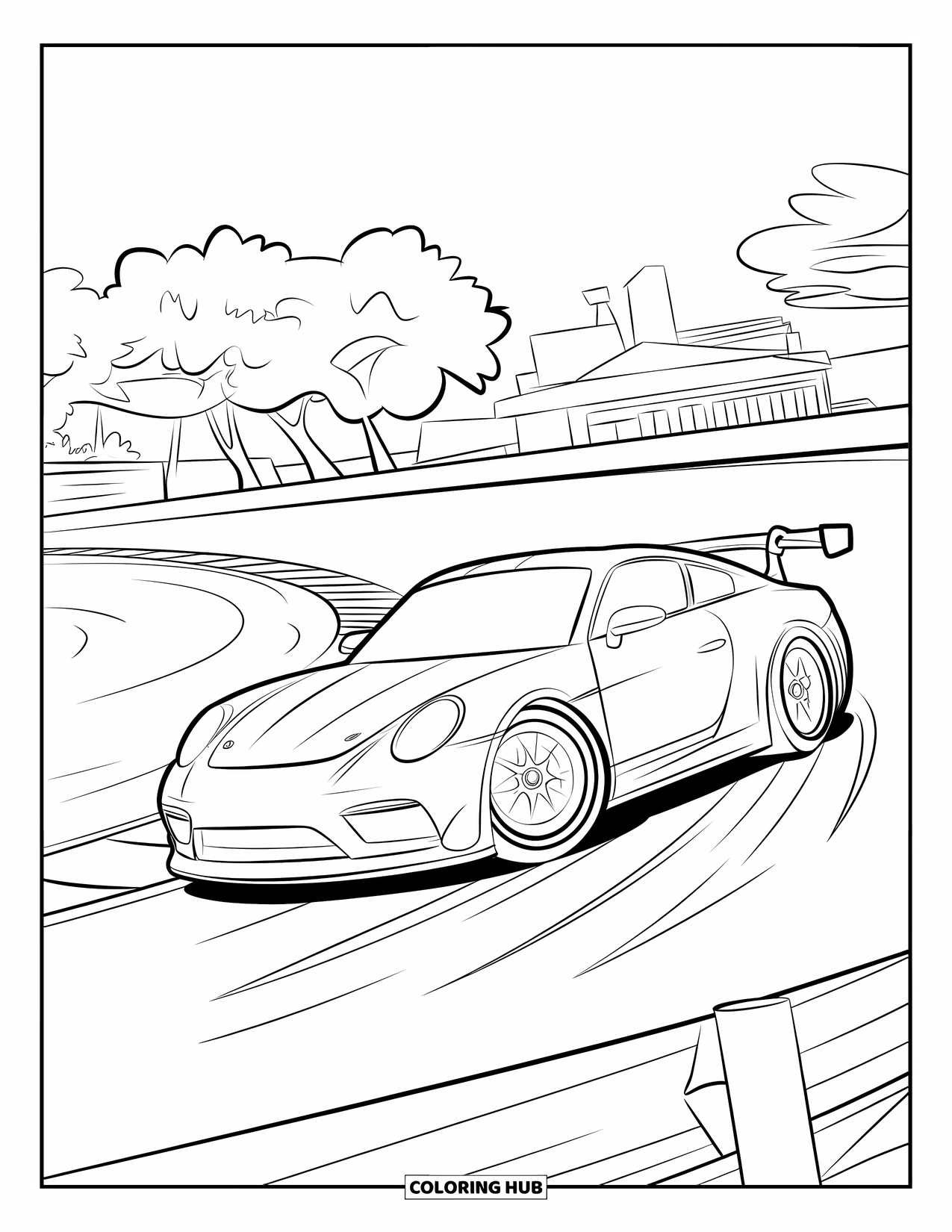 Desen de colorat cu mijloace de transport pentru copii: Mașină de curse care derapează trecând pe lângă copaci și clădiri înalte