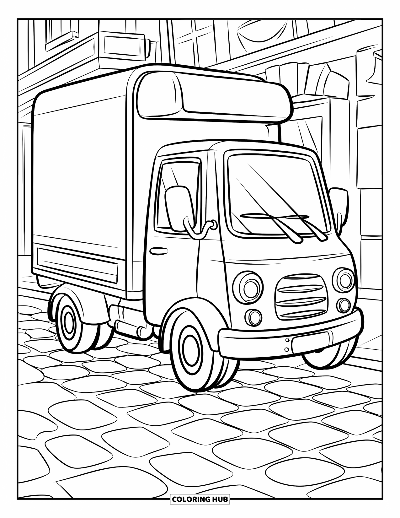 Desen de colorat cu mijloace de transport pentru copii: Camion prietenos pe o stradă pietruită lângă ferestre