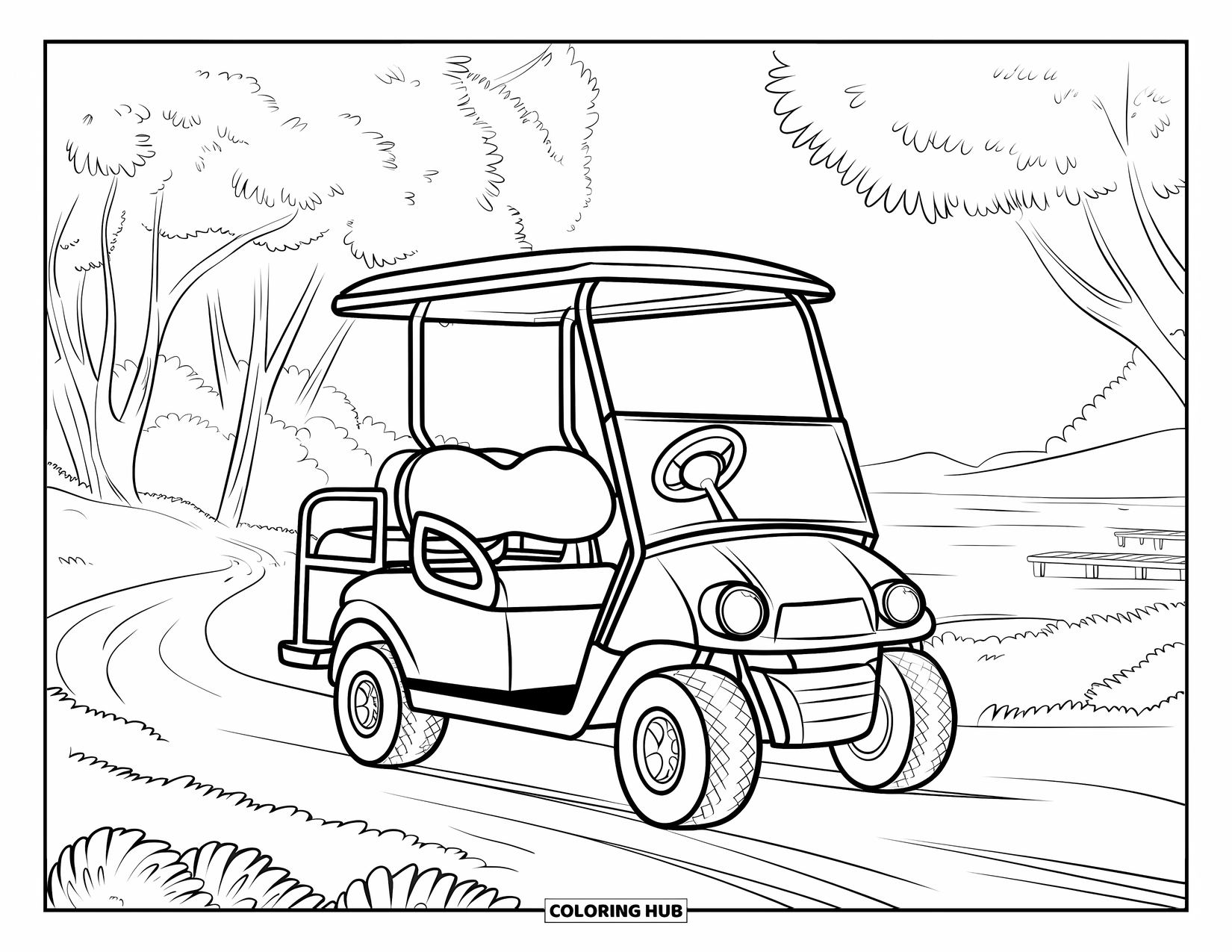 Desen de colorat cu mijloace de transport pentru copii: Cărucior de golf pe o potecă de pământ lângă copaci și un lac liniștit