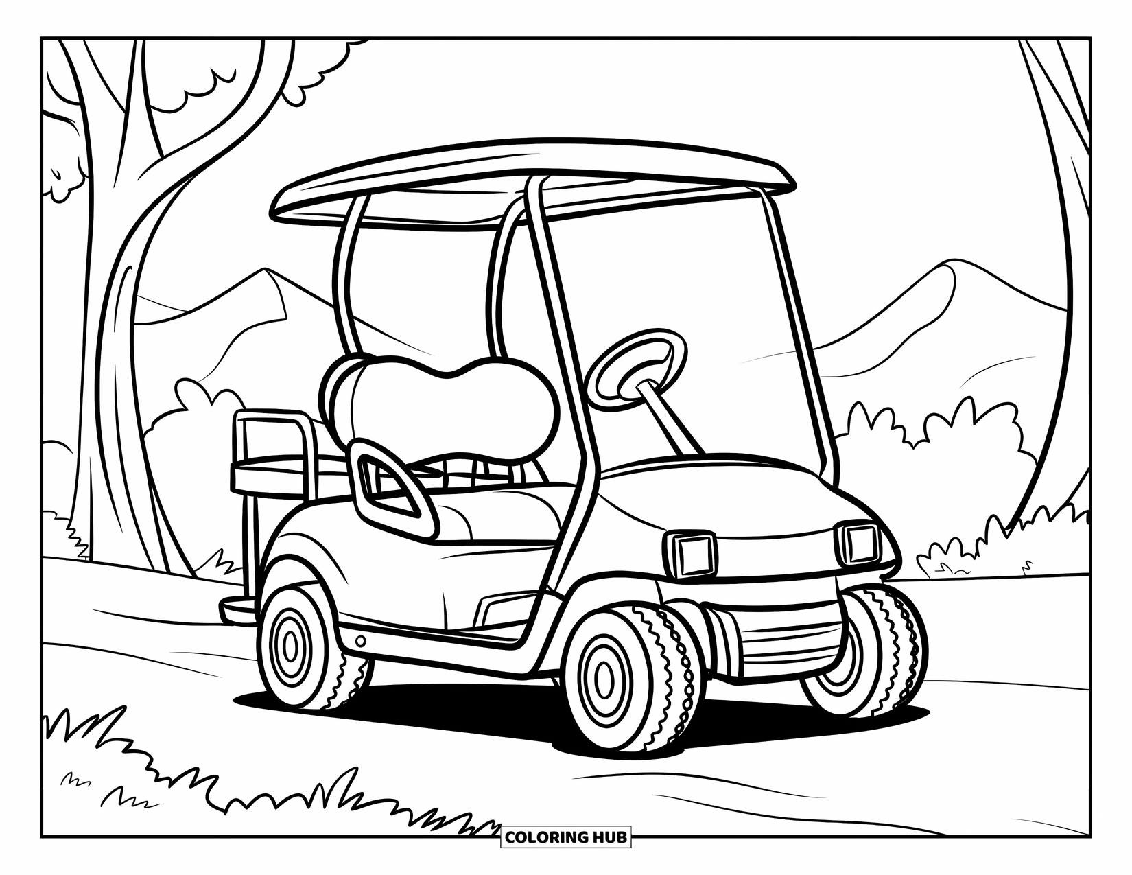 Desen de colorat cu mijloace de transport pentru copii: Cărucior de golf parcat pe o potecă forestieră cu munți în depărtare