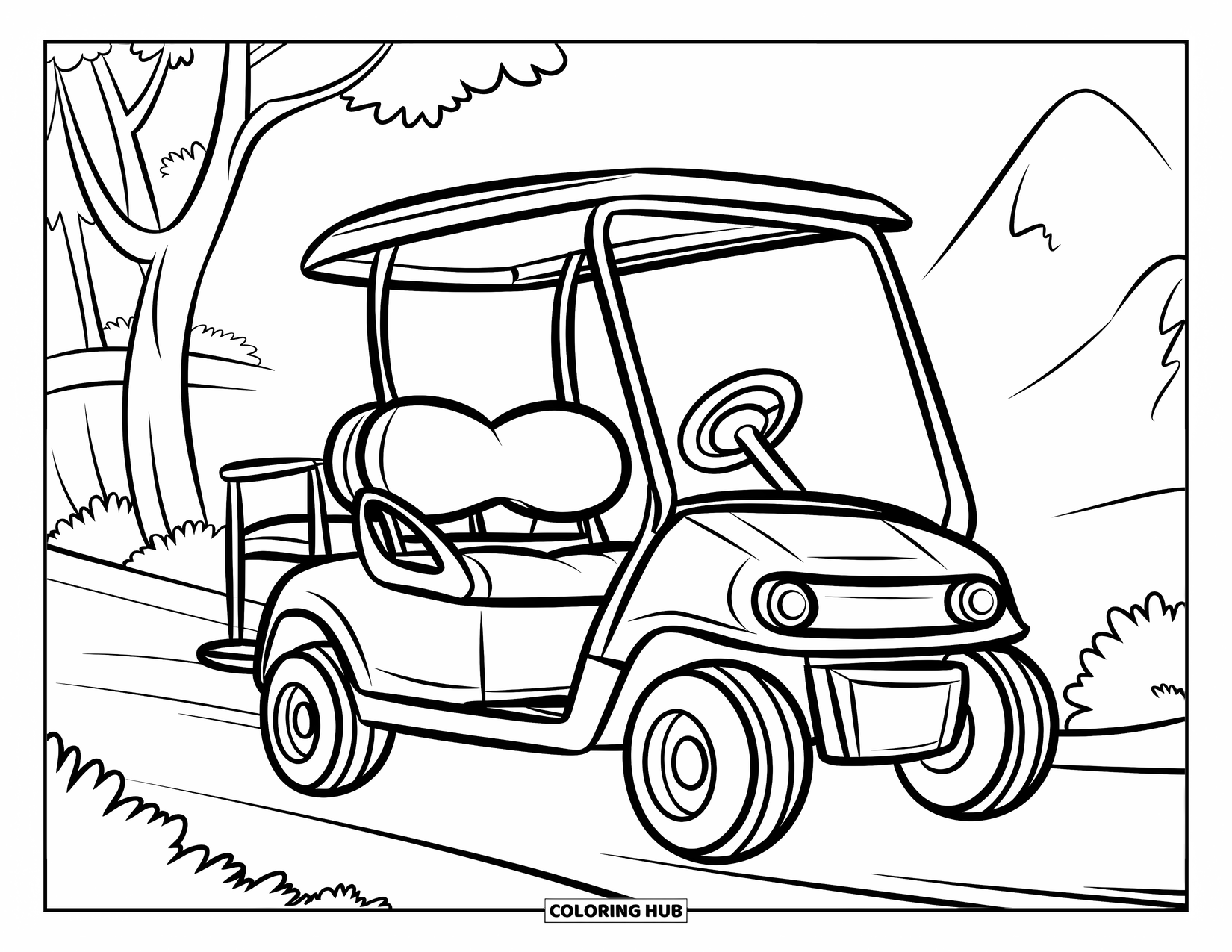 Desen de colorat cu mijloace de transport pentru copii: Cărucior de golf odihnindu-se pe o potecă pitorească înconjurată de copaci și dealuri