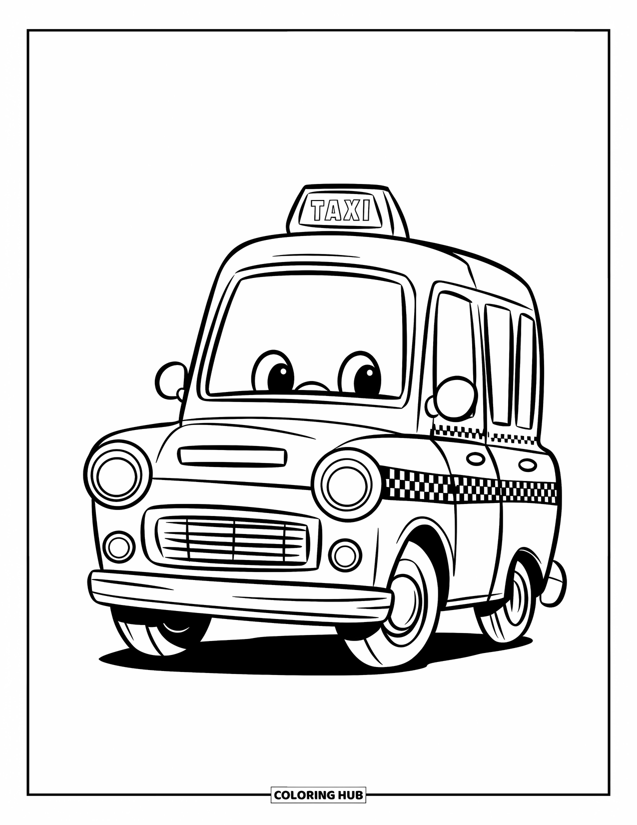 Desen de colorat cu mijloace de transport pentru copii: Taxi fericit, gata de drum, cu o vibrație zâmbitoare luminoasă