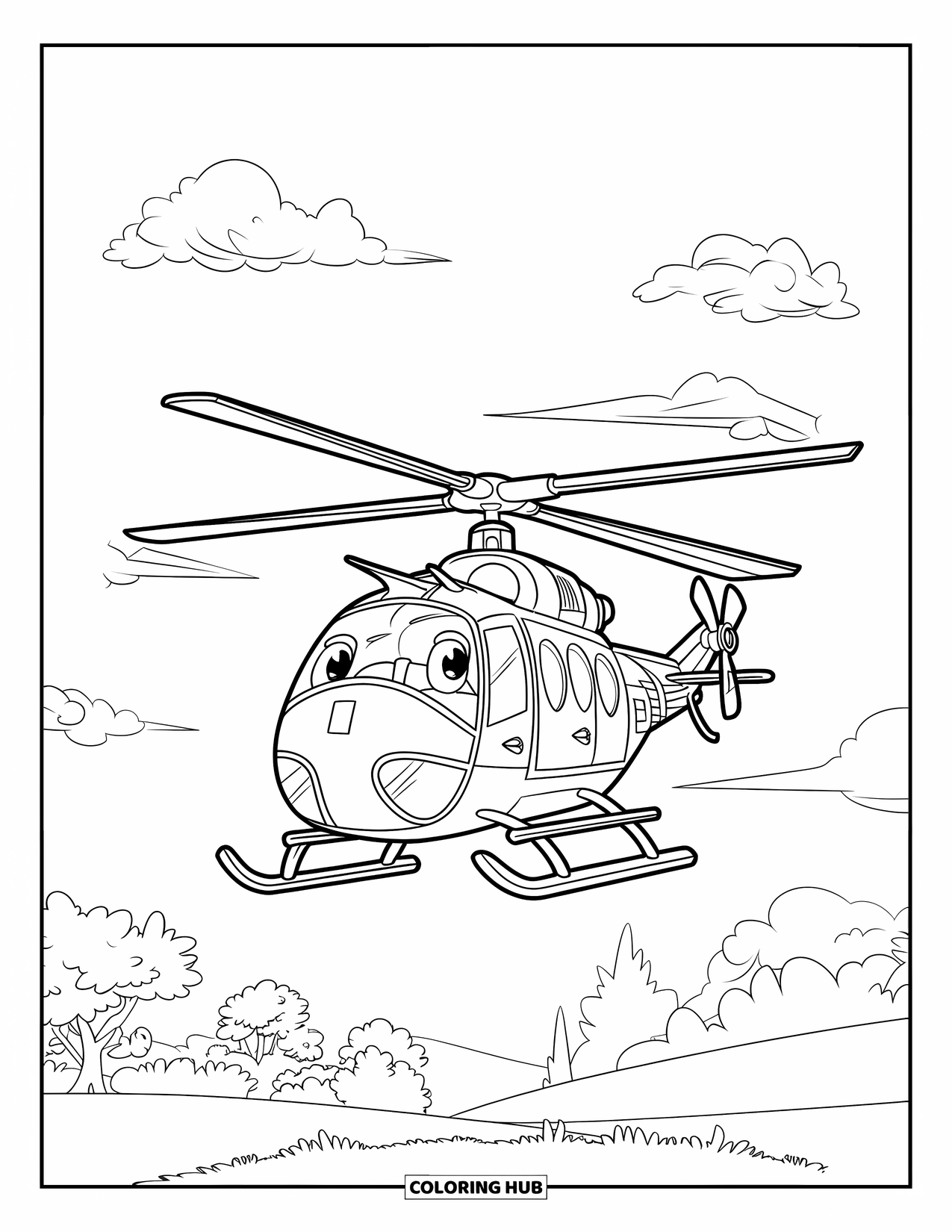 Desen de colorat cu mijloace de transport pentru copii: Elicopter care zboară deasupra copacilor cu nori pe un cer luminos