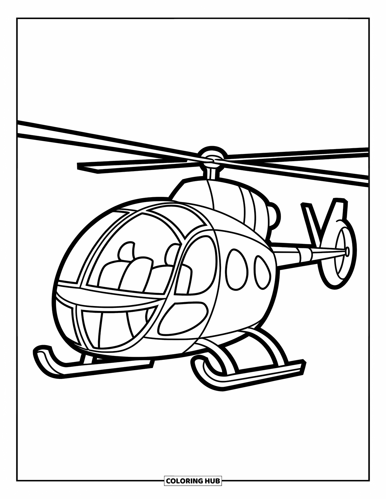 Desen de colorat cu mijloace de transport pentru copii: Elicopter planând deasupra unui câmp acoperit cu iarbă și un cer înnorat