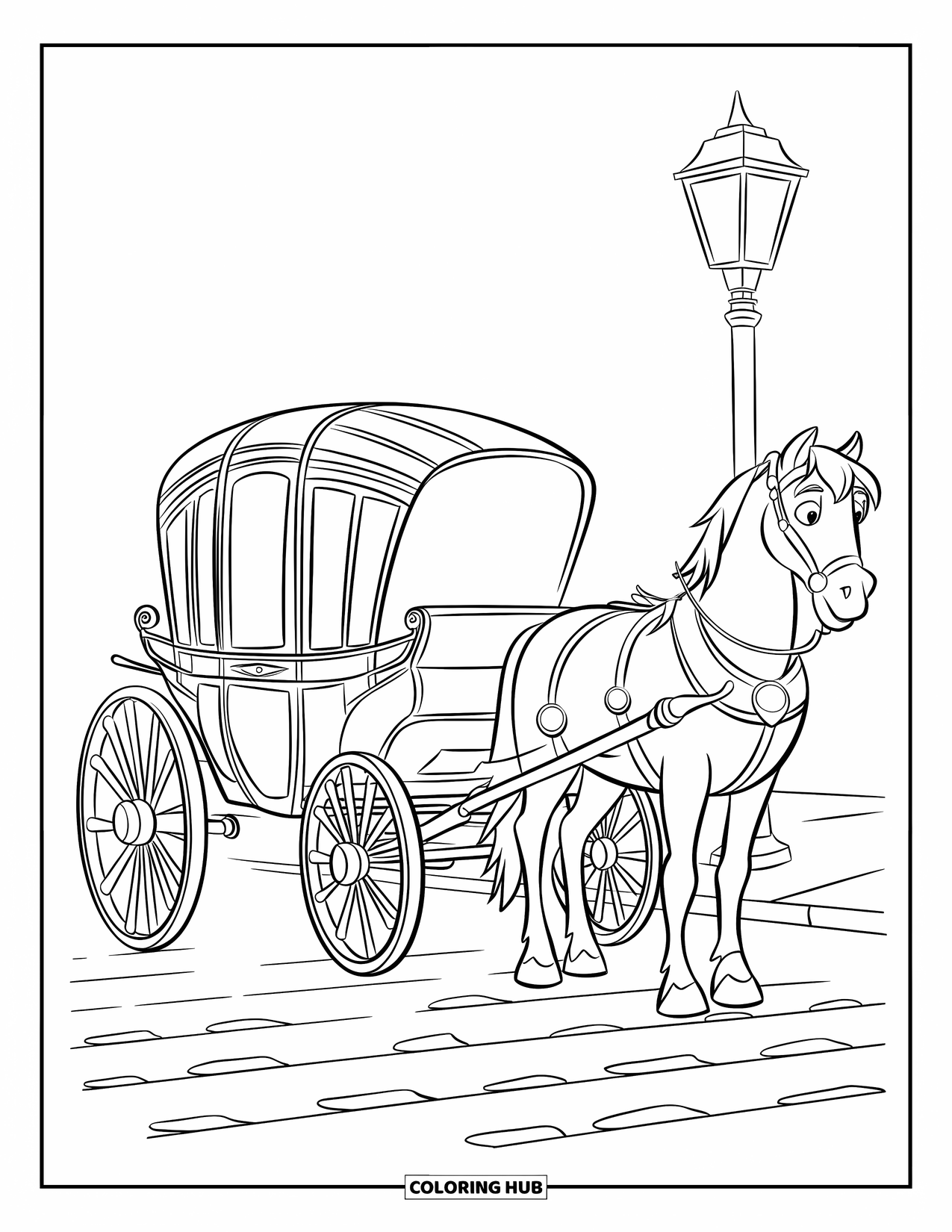 Desen de colorat cu mijloace de transport pentru copii: Caleașcă trasă de cai pe o stradă pietruită cu un stâlp de iluminat în apropiere