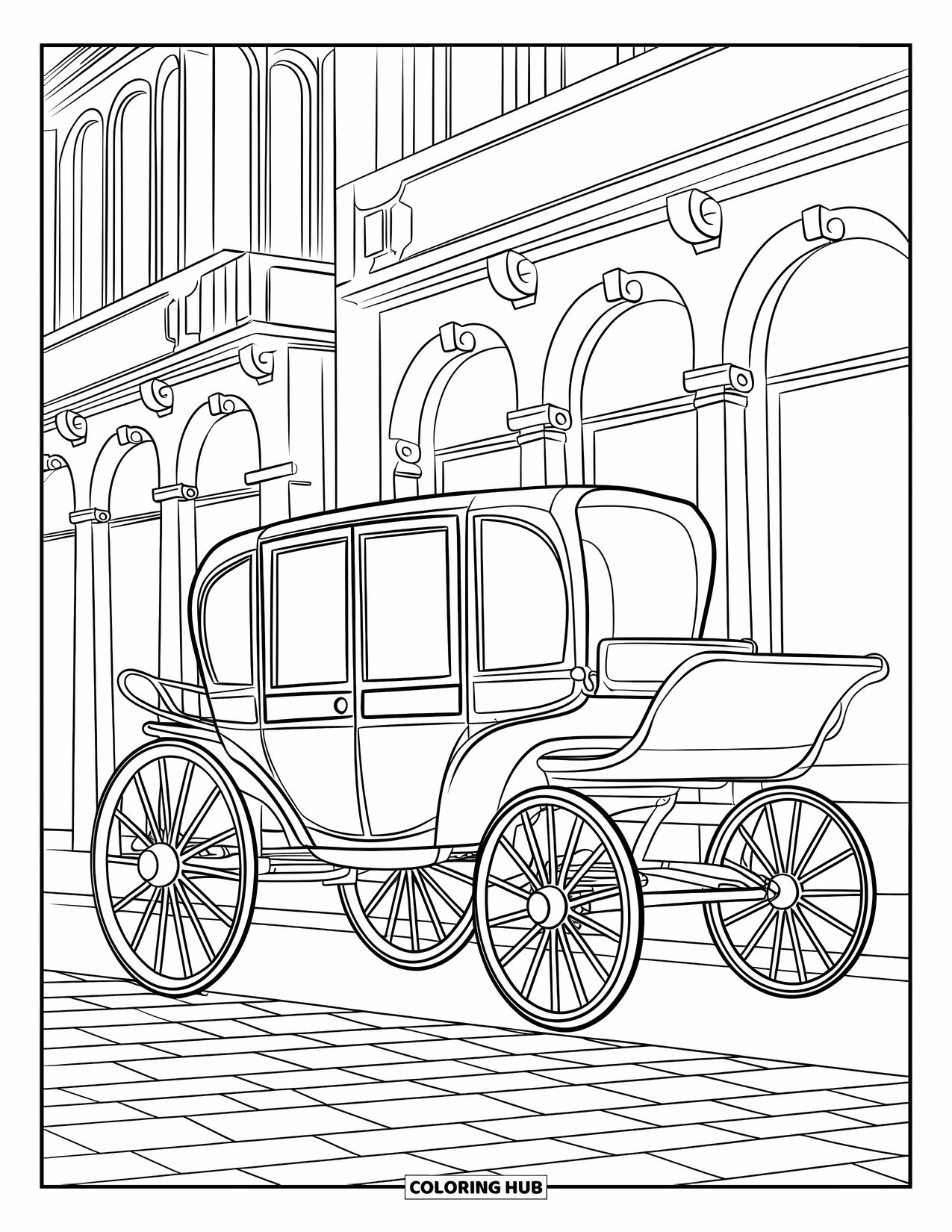 Desen de colorat cu mijloace de transport pentru copii: Caleașcă trasă de cai parcată lângă clădiri ornamentate cu ferestre înalte