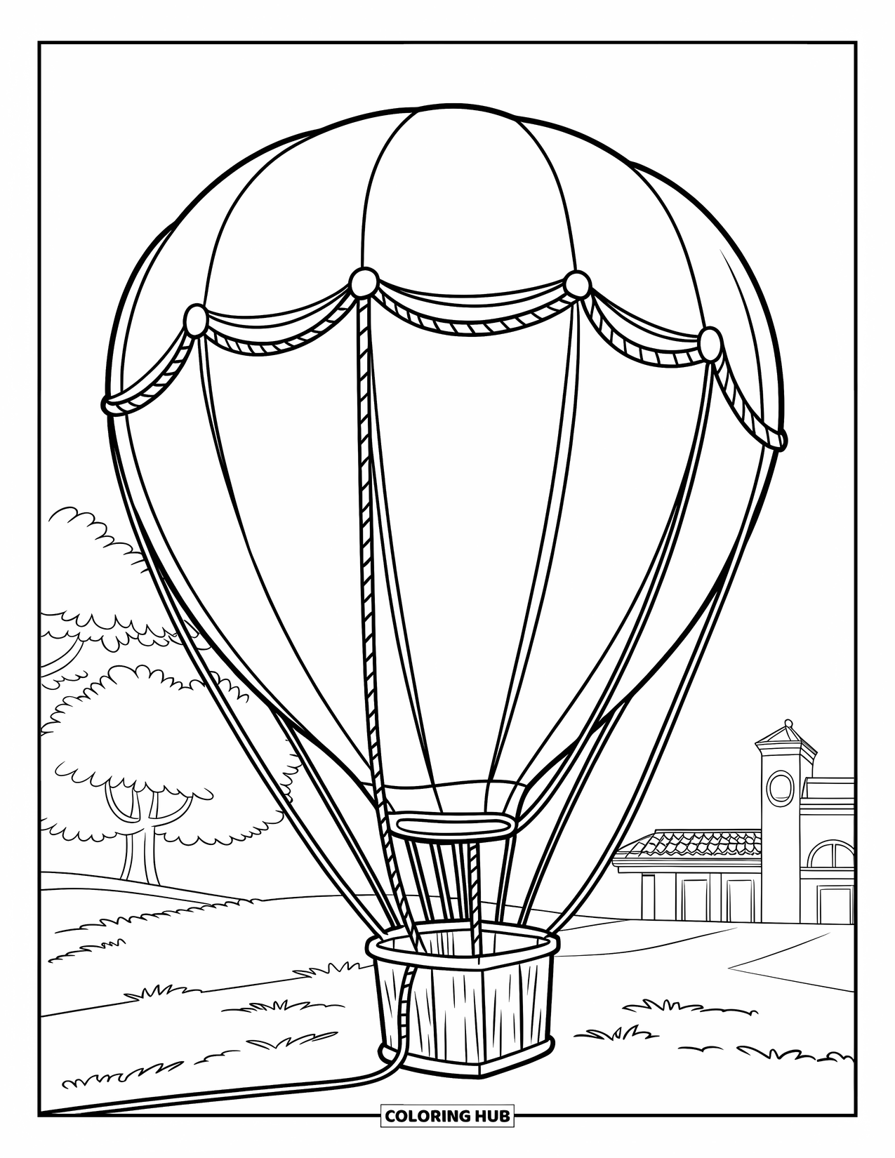 Desen de colorat cu mijloace de transport pentru copii: Balon cu aer cald legat de un stâlp de lemn lângă copaci și o clădire înaltă