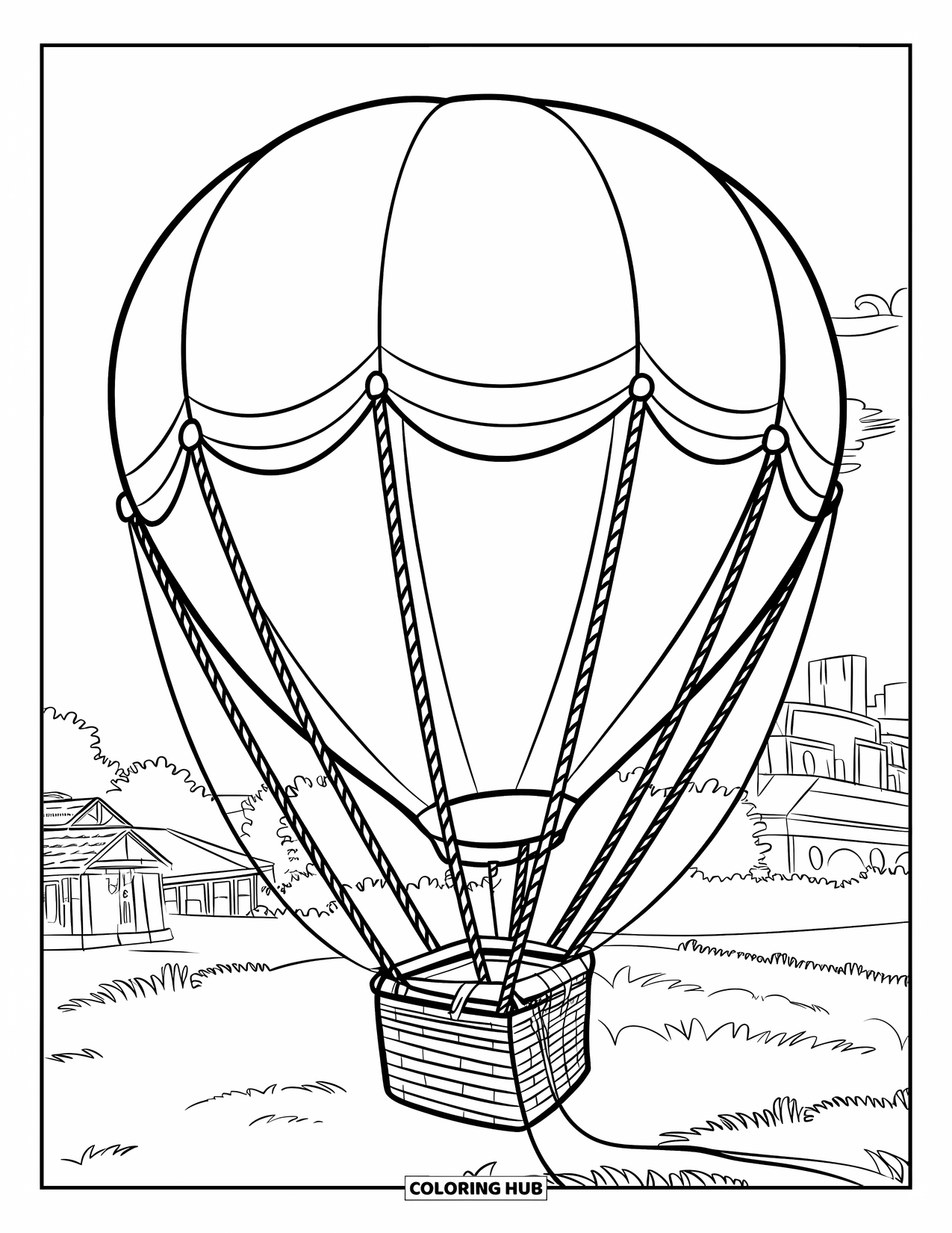 Desen de colorat cu mijloace de transport pentru copii: Balon cu aer cald cu frânghii groase și pământ acoperit cu iarbă dedesubt