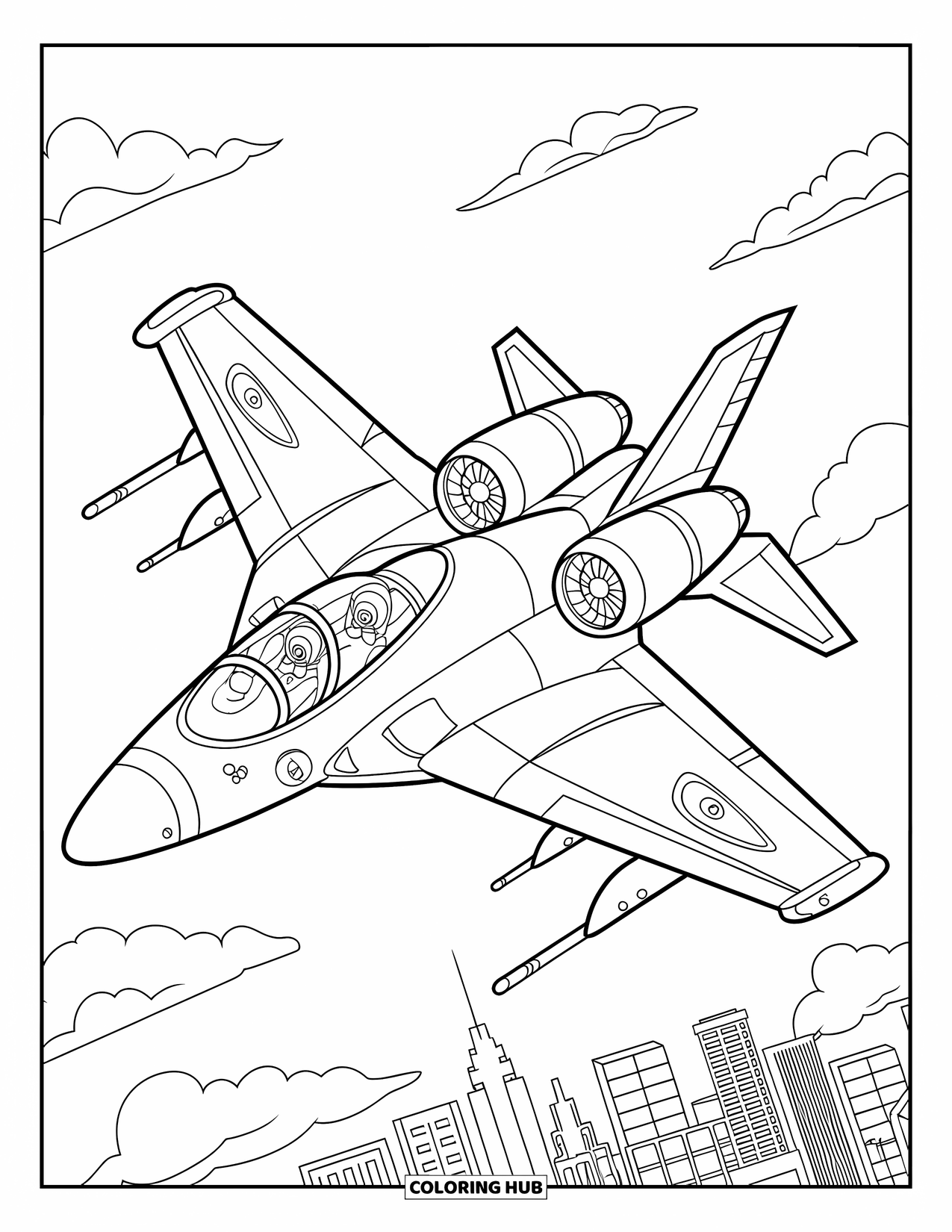 Desen de colorat cu mijloace de transport pentru copii: Avion cu reacție care zboară deasupra orizontului unui oraș cu nori pufoși deasupra
