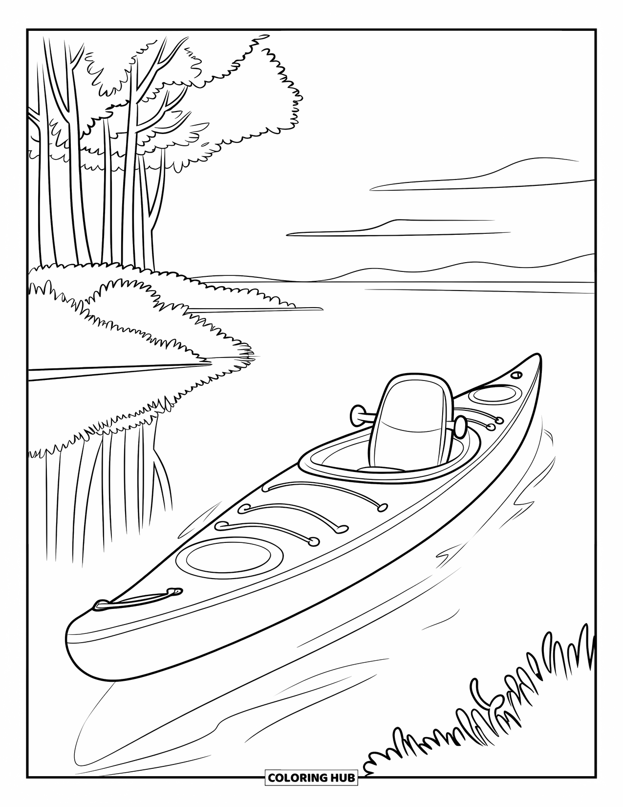 Desen de colorat cu mijloace de transport pentru copii: Caiac plutind pe apă liniștită cu reflexii ale copacilor și ale cerului