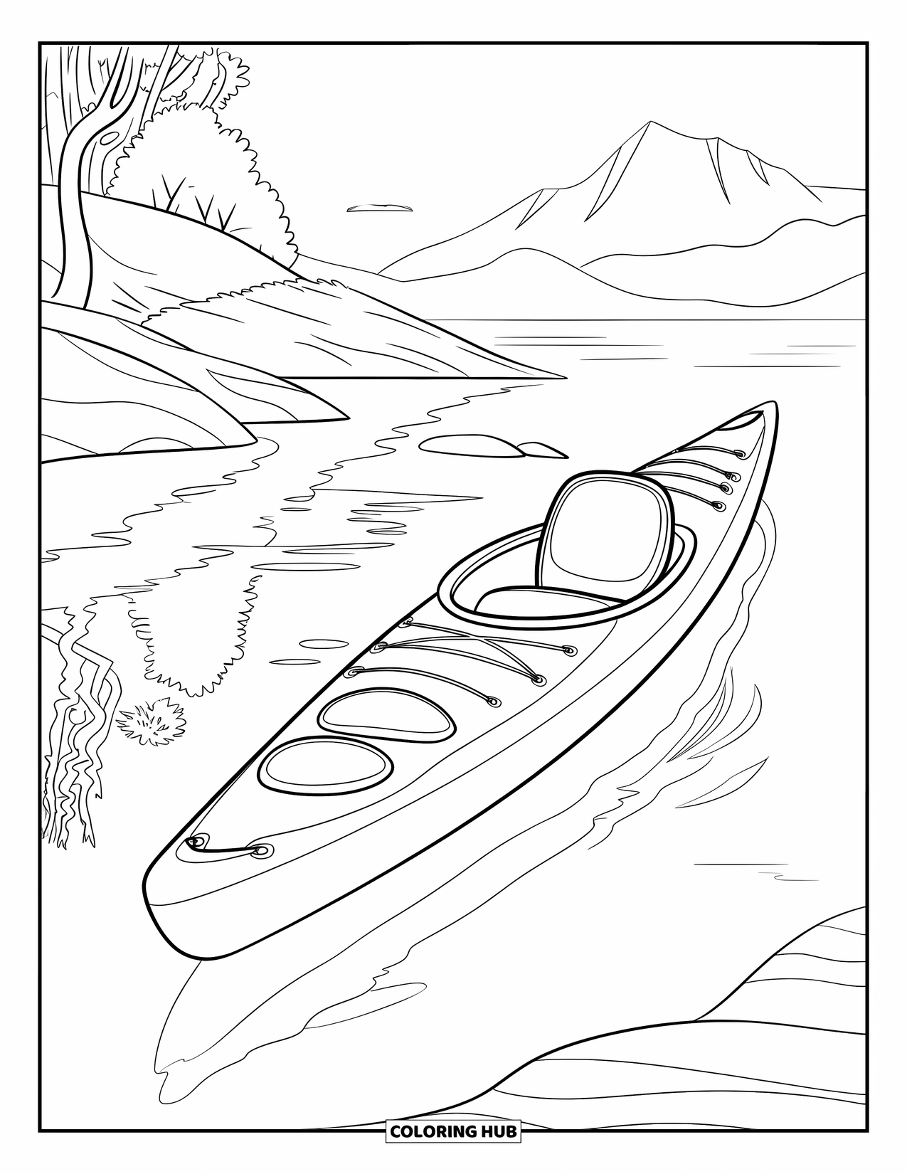 Desen de colorat cu mijloace de transport pentru copii: Caiac care alunecă pe apă cu copaci, stânci și o vedere la munte