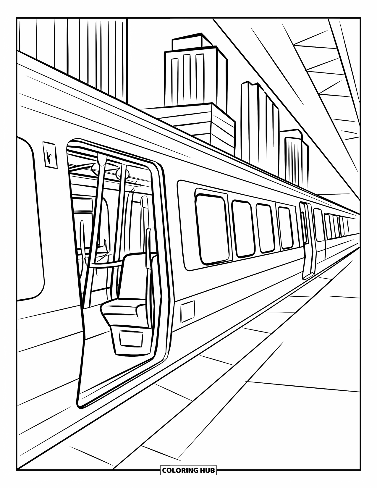 Desen de colorat cu mijloace de transport pentru copii: Tren de metrou la o platformă cu oameni și clădiri ale orașului