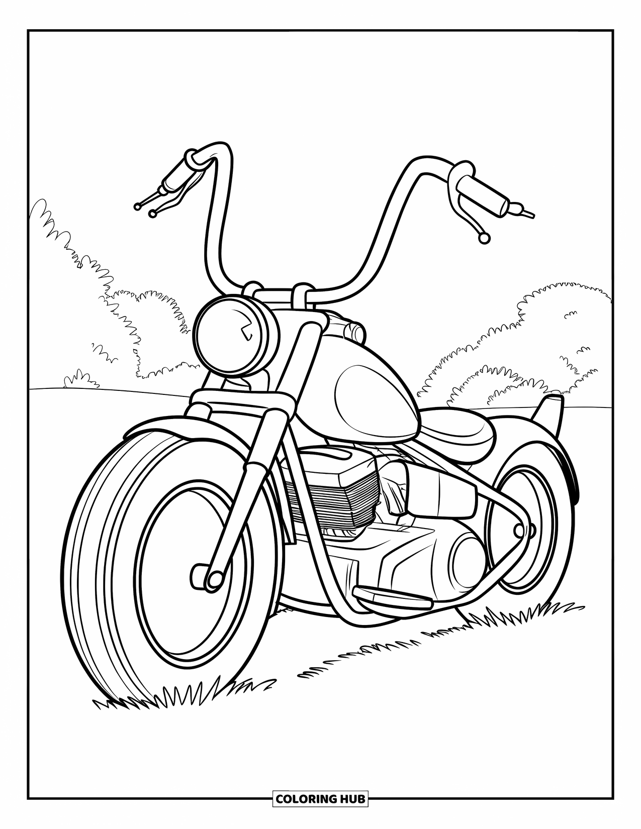 Desen de colorat cu mijloace de transport pentru copii: Motocicletă parcată pe iarbă lângă copaci cu un scaun rotund