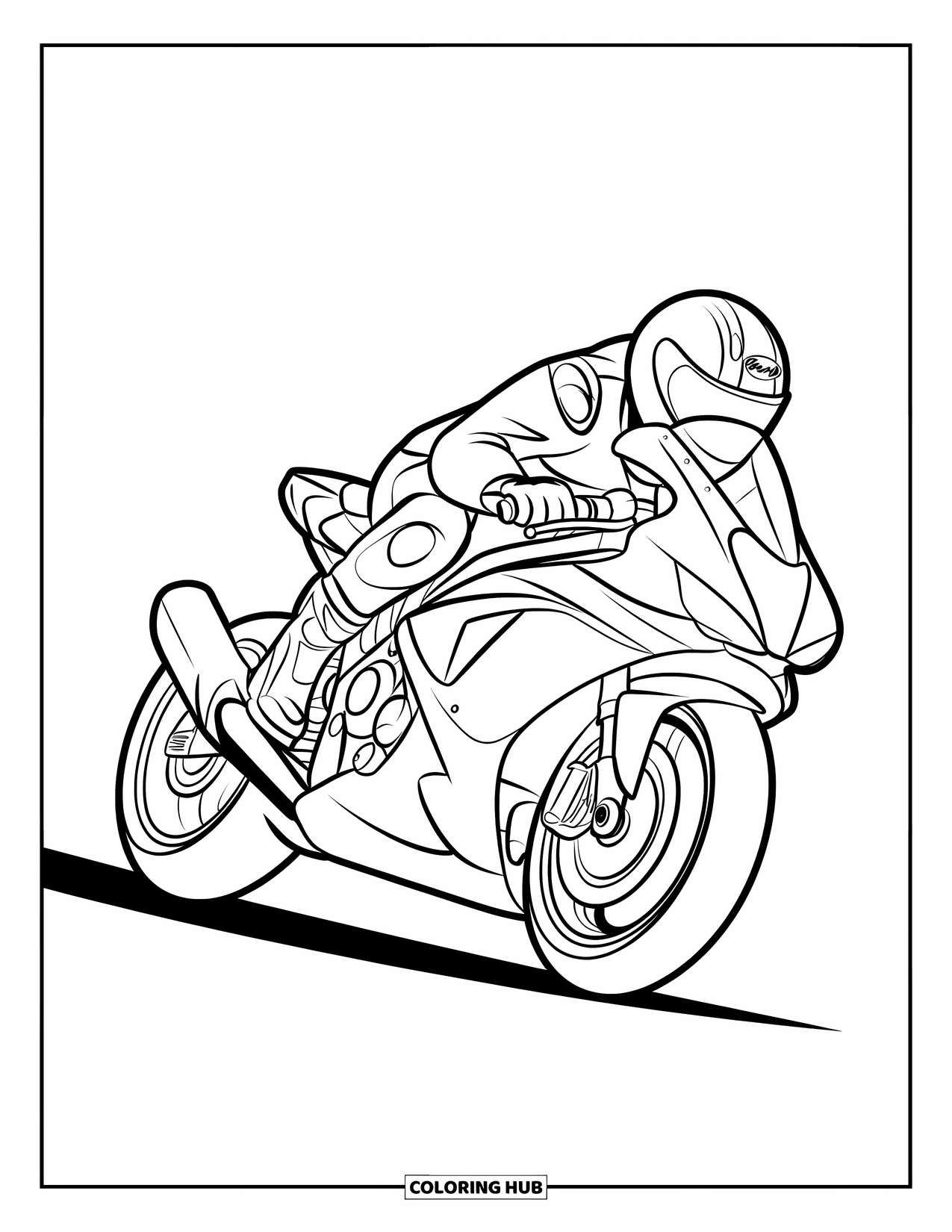 Desen de colorat cu mijloace de transport pentru copii: Motocicletă care virează brusc cu un motociclist cu cască