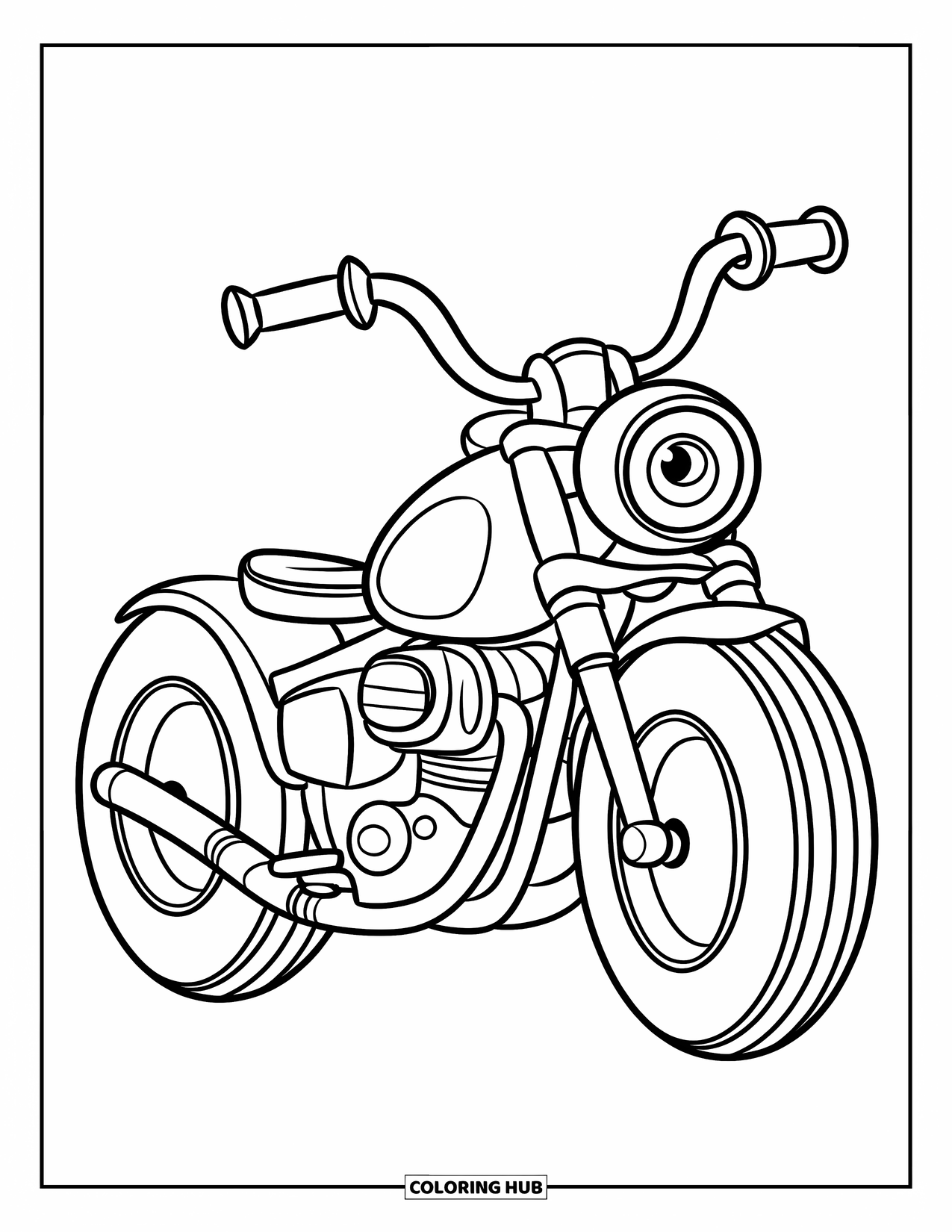 Desen de colorat cu mijloace de transport pentru copii: Motocicletă cu roți groase și un scaun mic