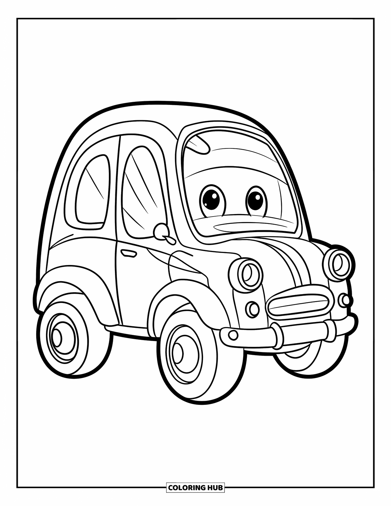 Desen de colorat cu mijloace de transport pentru copii: Mașină jucăușă cu roți mari și un design vesel