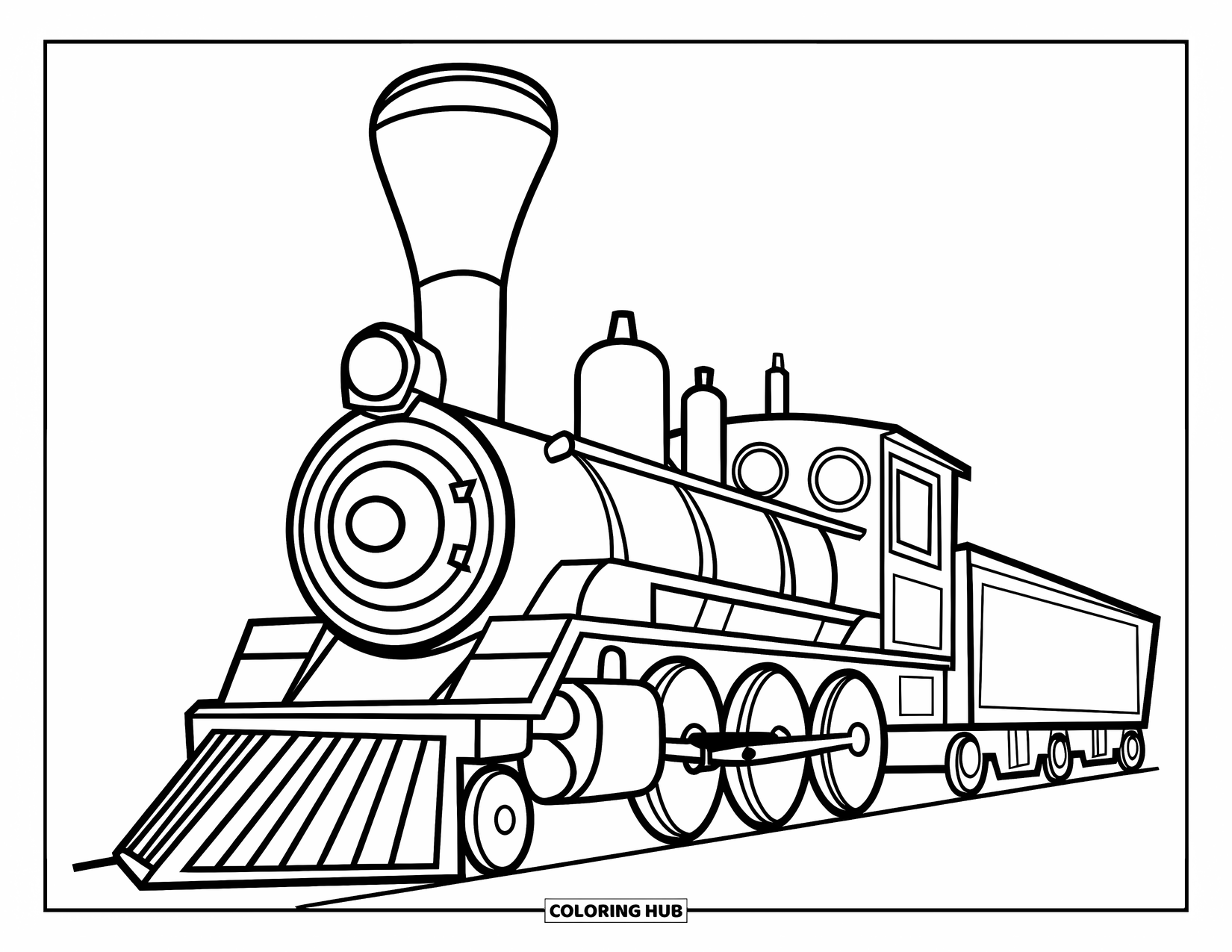 Desen de colorat cu mijloace de transport pentru copii: Locomotivă de tren jucăușă cu un coș înalt și roți mari