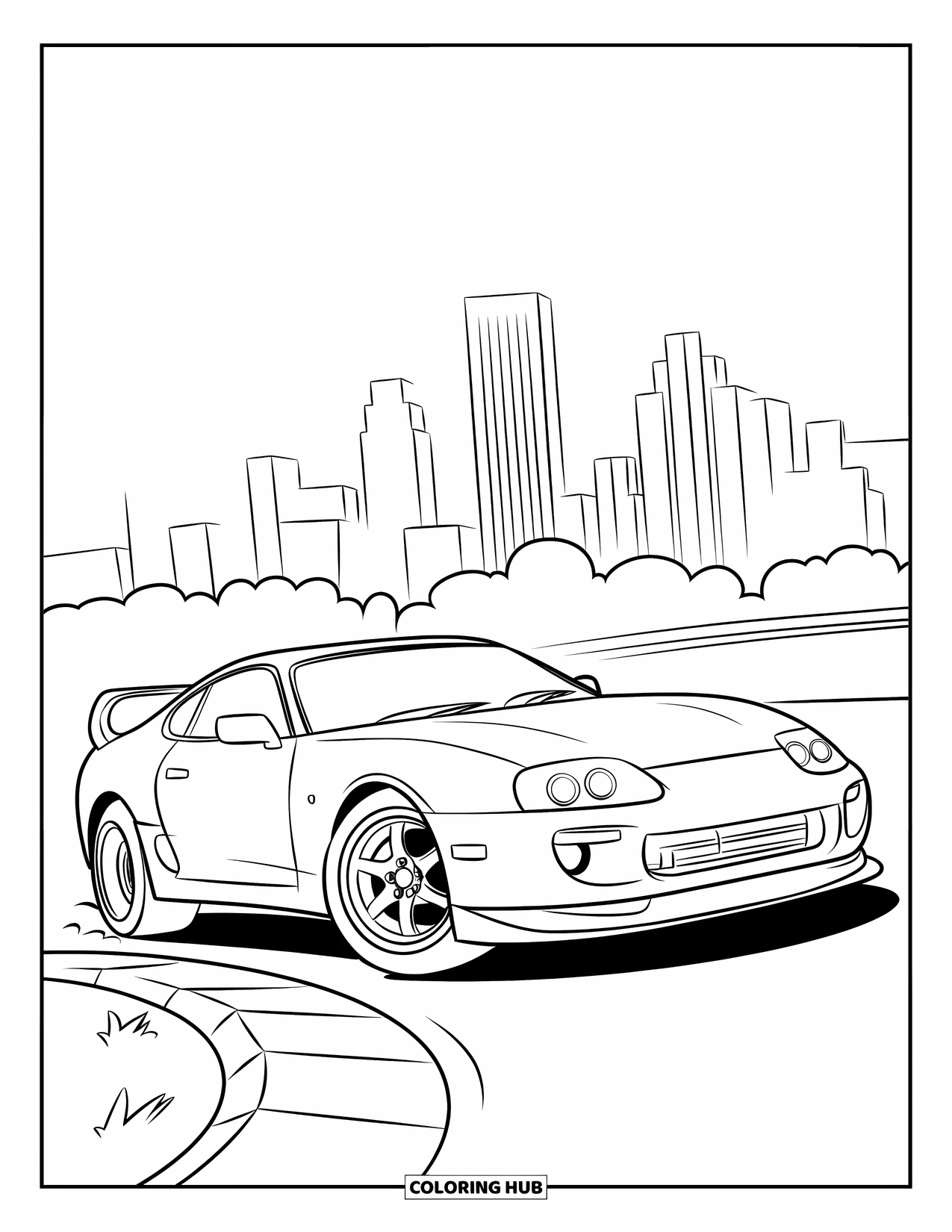 Desen de colorat cu mijloace de transport pentru copii: Mașină de curse care derapează în jurul unui colț de oraș cu clădiri în spate