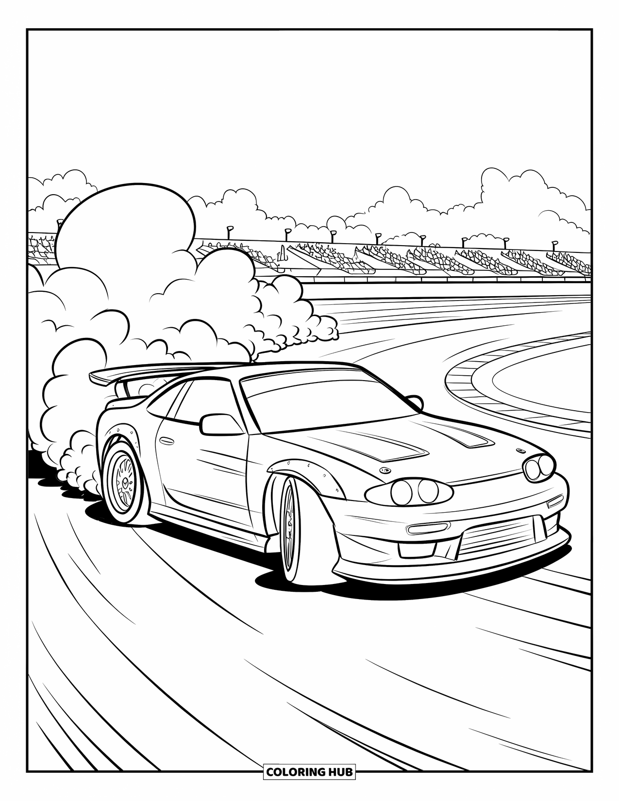 Desen de colorat cu mijloace de transport pentru copii: Mașină de curse care alunecă cu fum și o mulțime care aplaudă