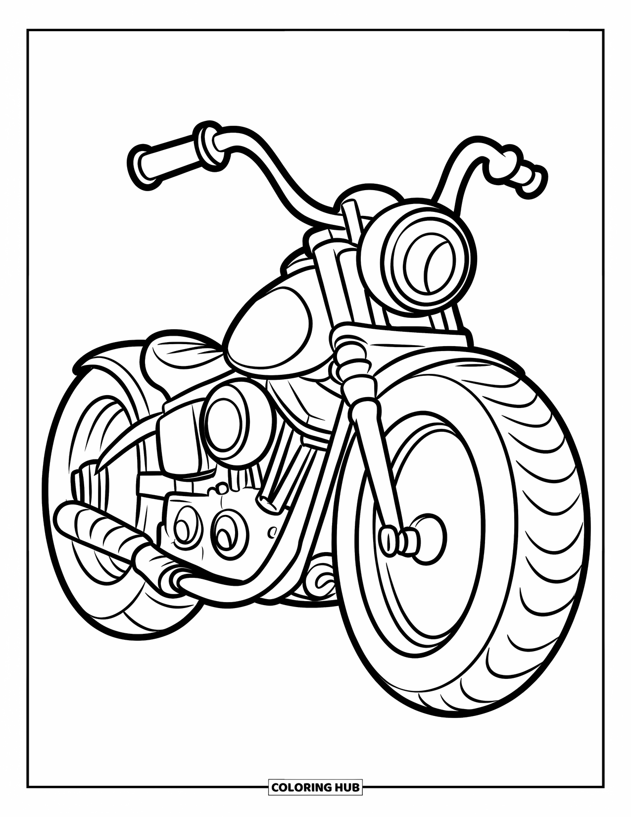 Desen de colorat cu mijloace de transport pentru copii: Motocicletă rotundă cu roți mari și curbe jucăușe