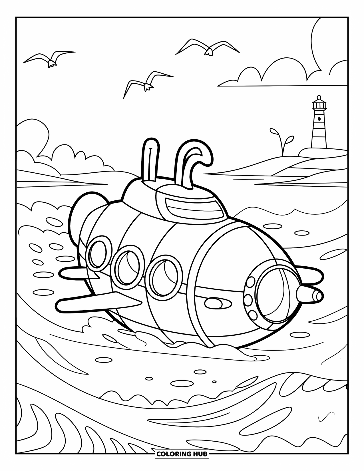 Desen de colorat cu mijloace de transport pentru copii: Submarin scurt cu elice înconjurat de valuri și pescăruși zburători