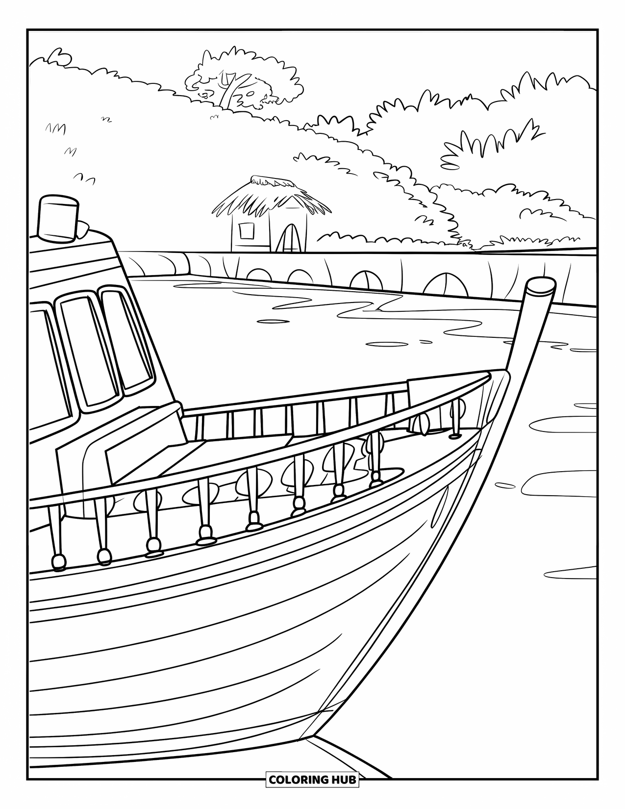Desen de colorat cu mijloace de transport pentru copii: Barcă orientată lateral, ancorată lângă o colibă cu acoperiș de paie și o coastă verde