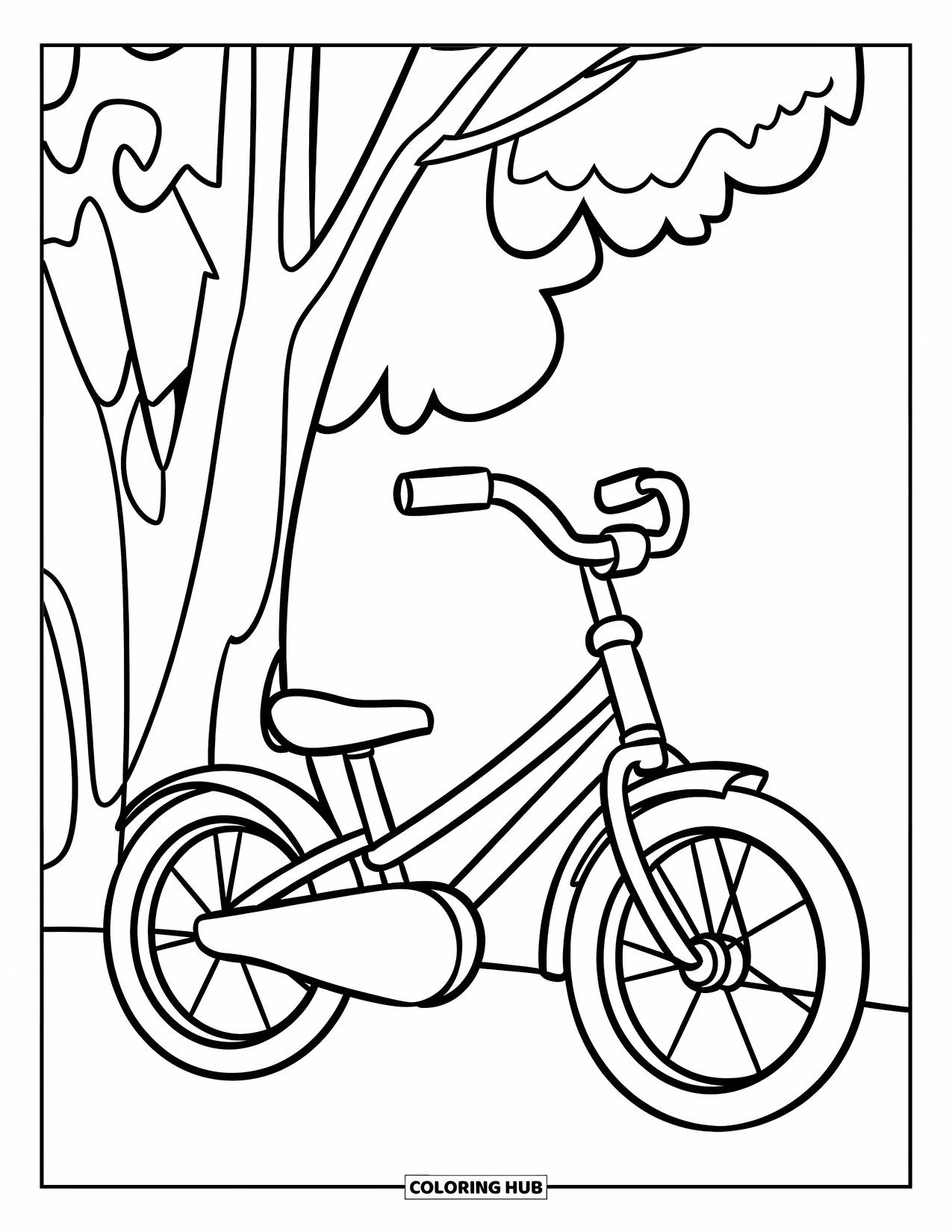 Desen de colorat cu mijloace de transport pentru copii: Bicicletă simplă parcată lângă un copac cu forme jucăușe